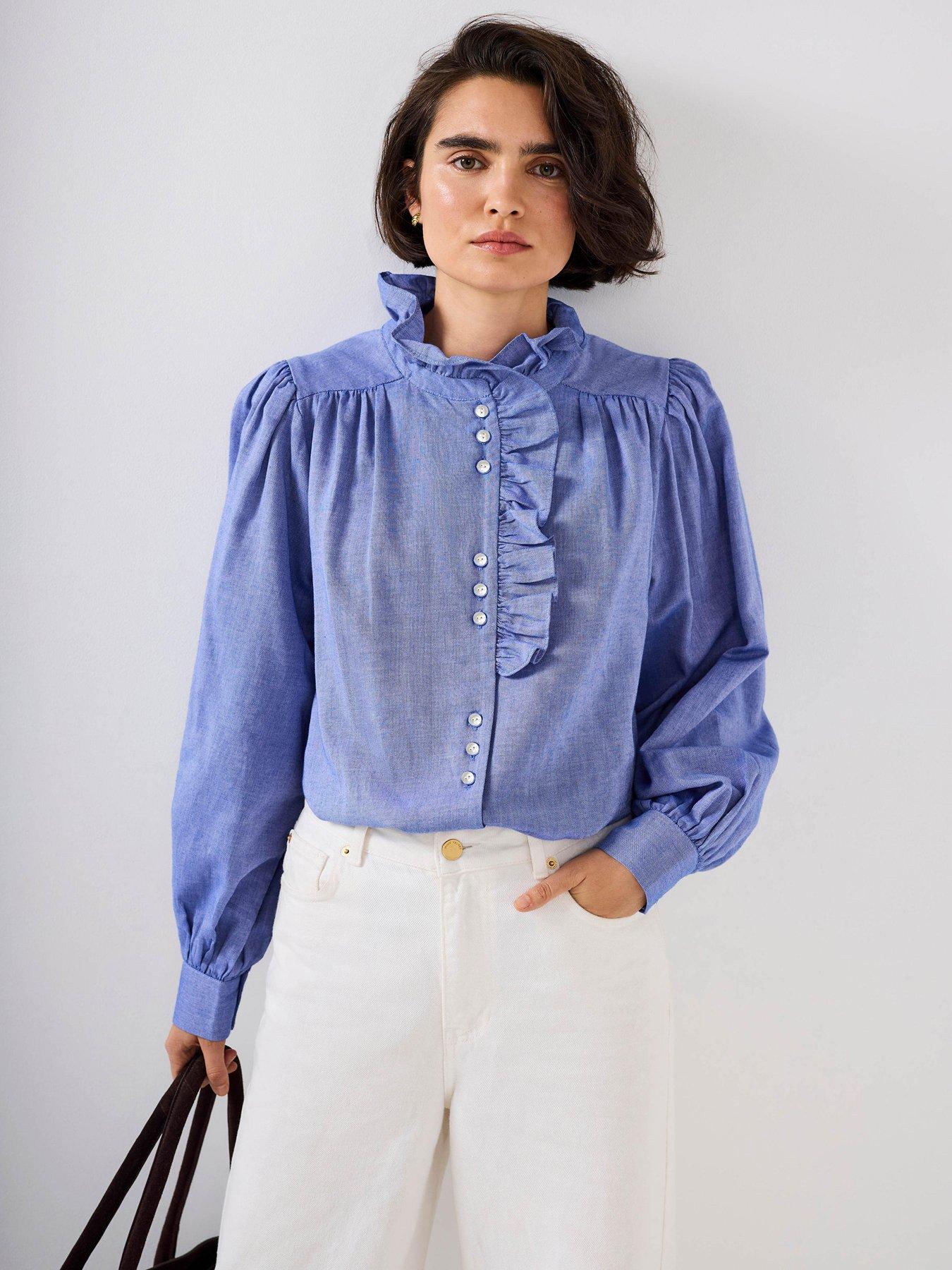  image of mint-velvet-chambray-ruffle-blouse-blue