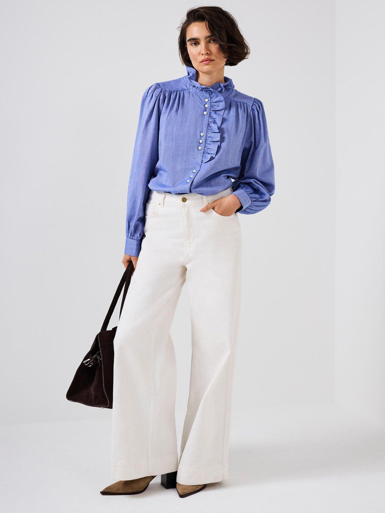  image of mint-velvet-chambray-ruffle-blouse-blue