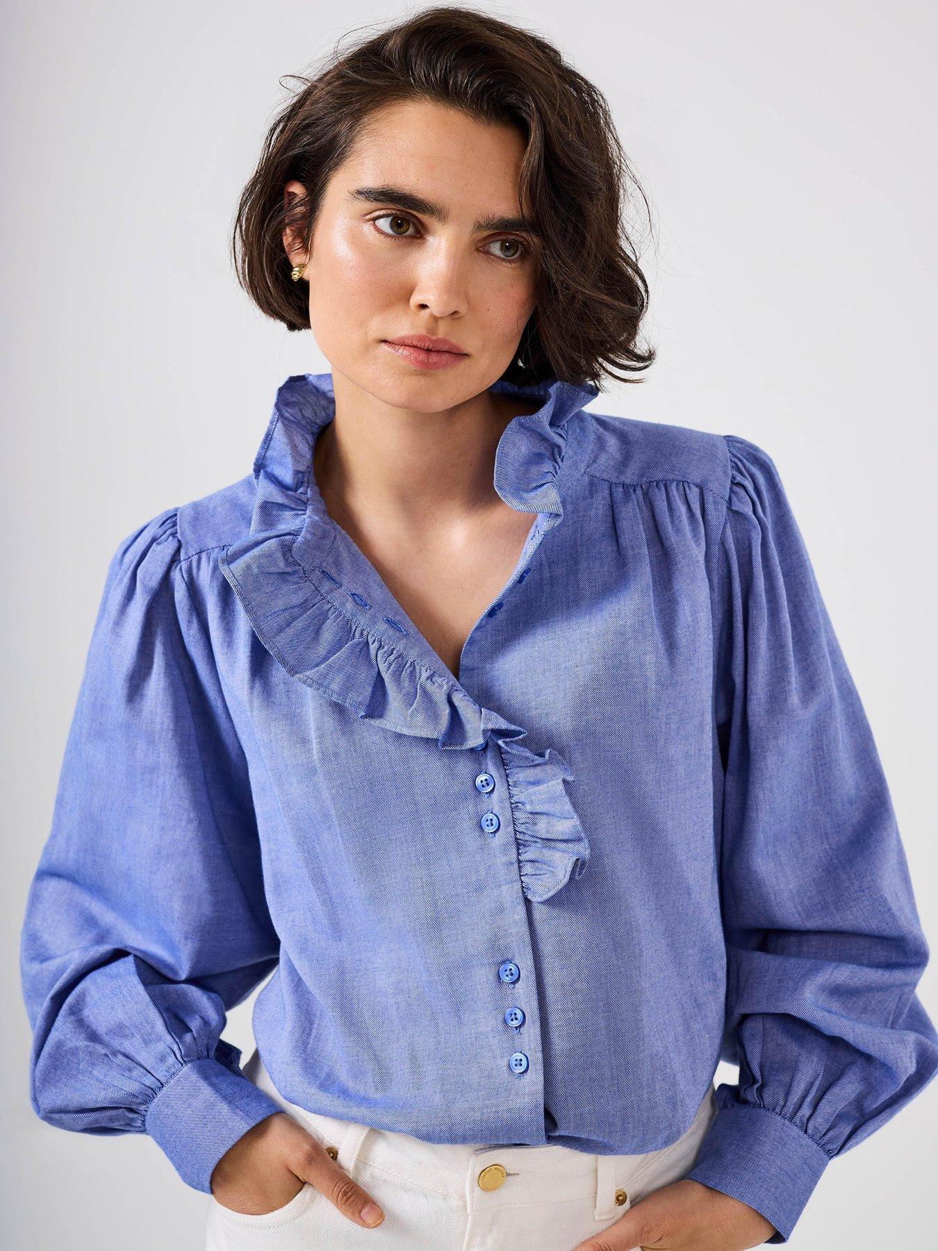  image of mint-velvet-chambray-ruffle-blouse-blue