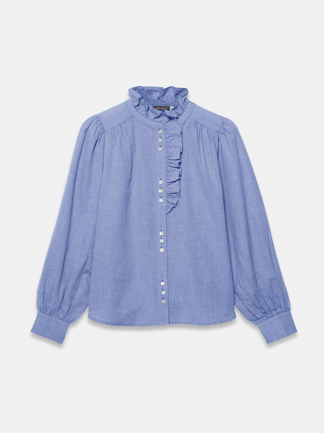  image of mint-velvet-chambray-ruffle-blouse-blue
