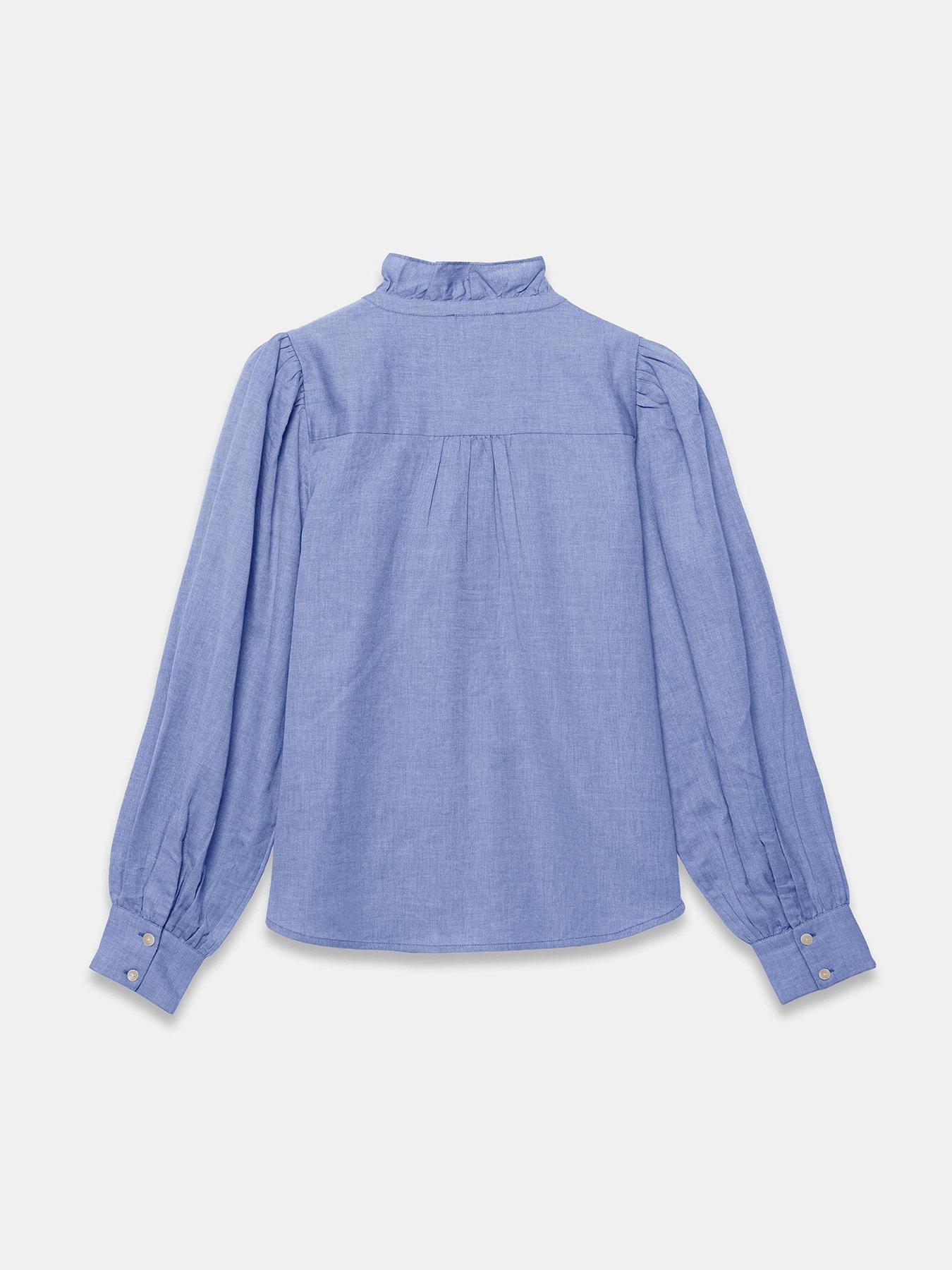  image of mint-velvet-chambray-ruffle-blouse-blue