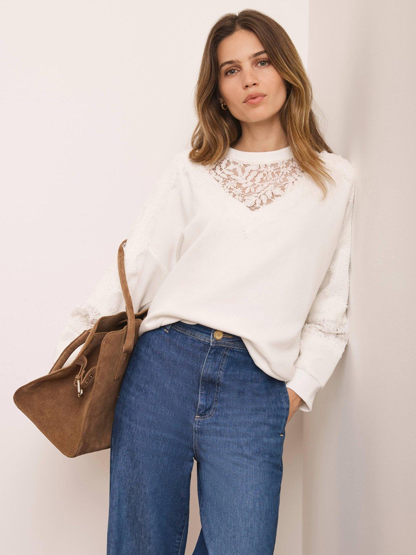 Image 1 of 6 of Mint Velvet Lace Insert Sweatshirt - White