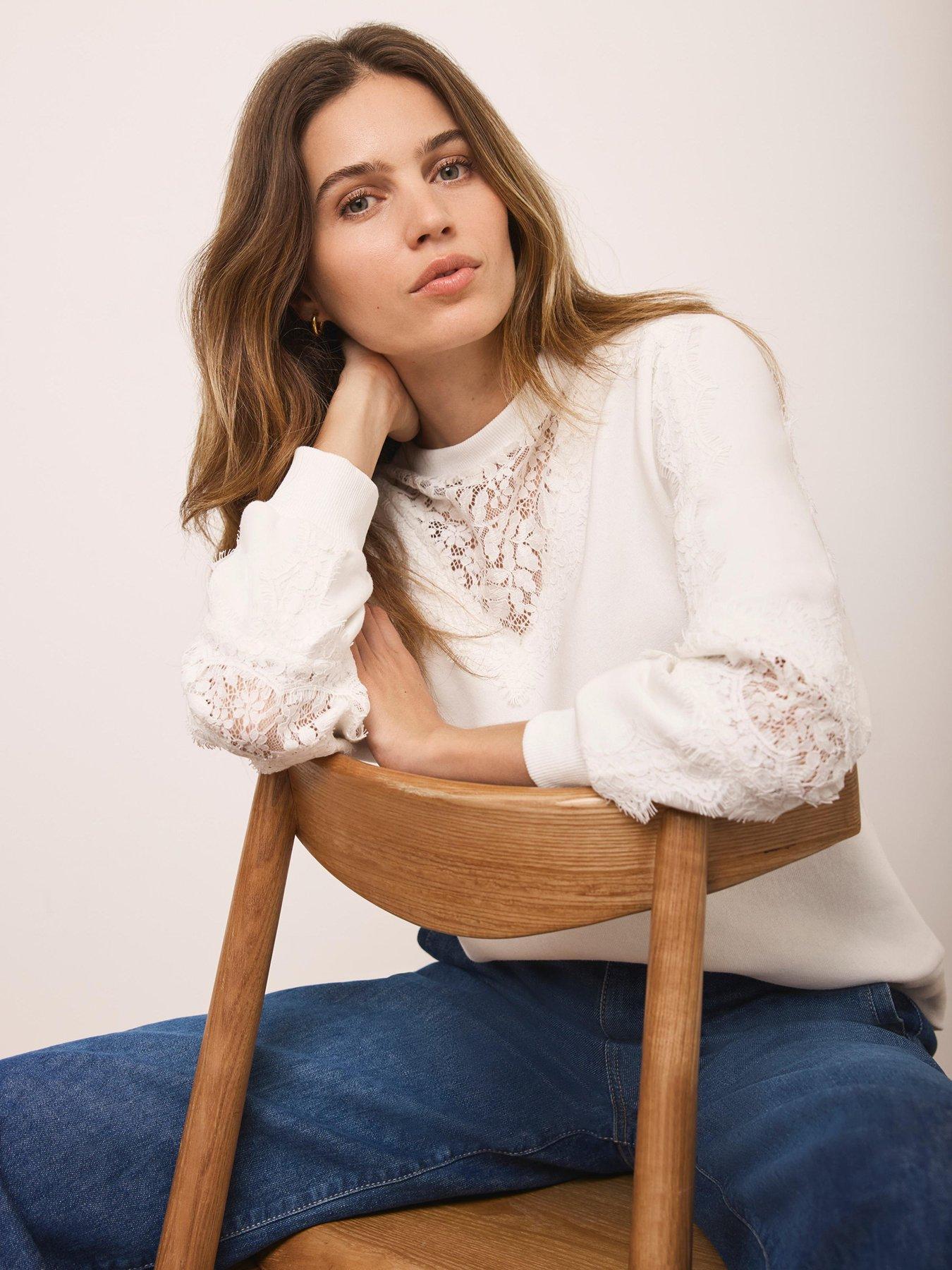 Image 2 of 6 of Mint Velvet Lace Insert Sweatshirt - White