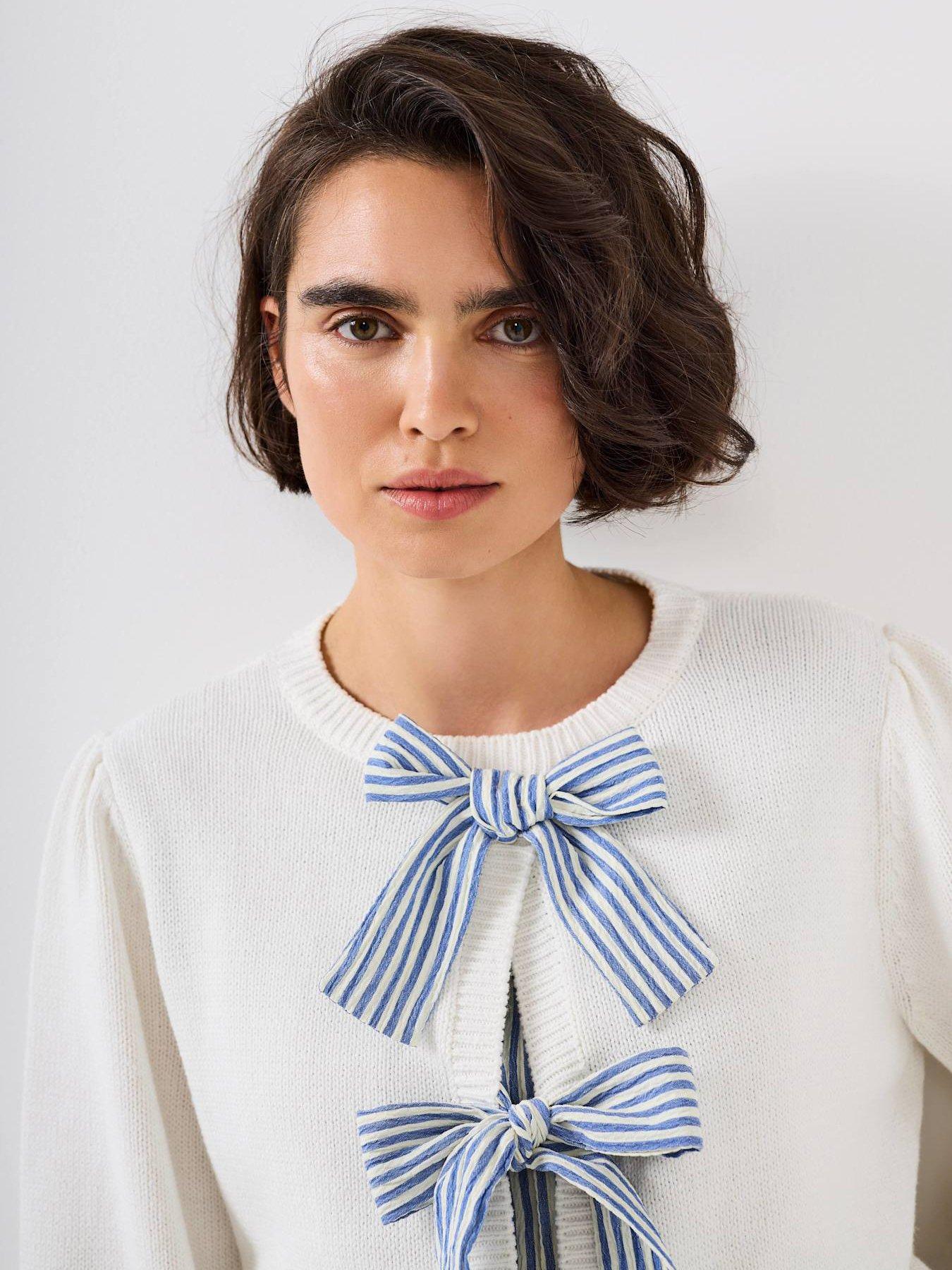 Image 6 of 7 of Mint Velvet Woven Mix Stripe Jumper - White