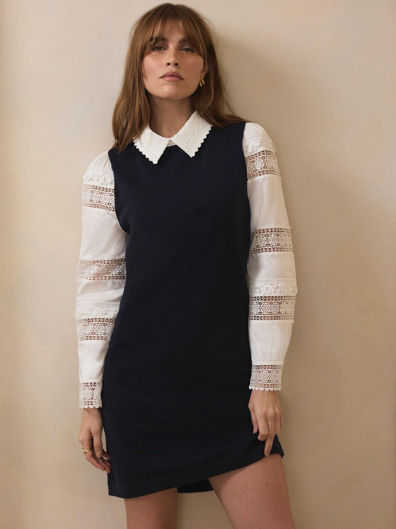  image of mint-velvet-navy-woven-sleeve-knit-dress-blue