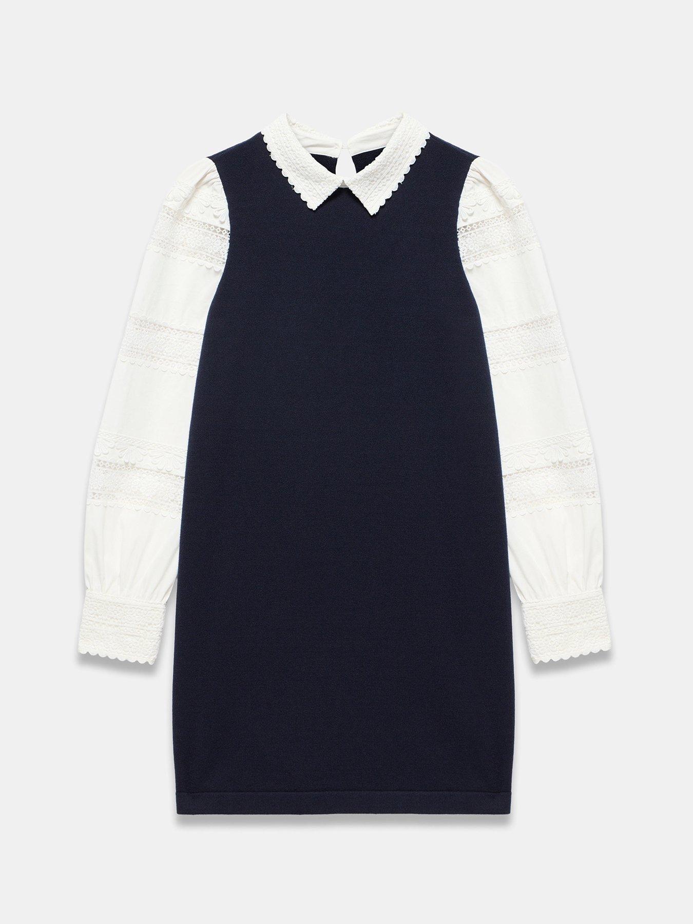  image of mint-velvet-navy-woven-sleeve-knit-dress-blue