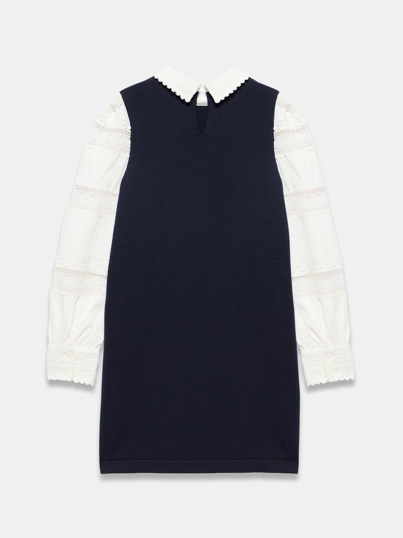 image of mint-velvet-navy-woven-sleeve-knit-dress-blue