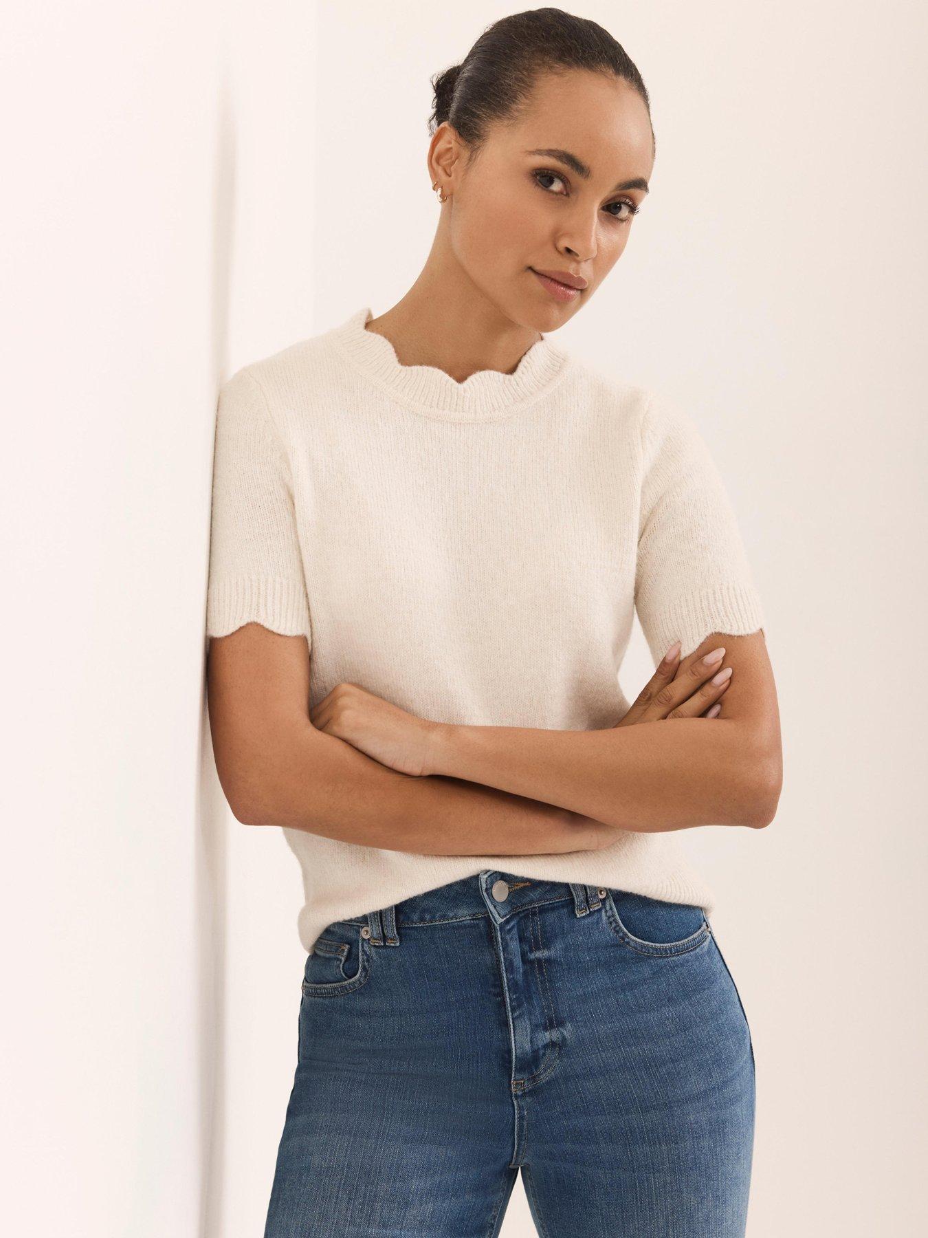 Mint Velvet Scallop Knit T-Shirt - Cream