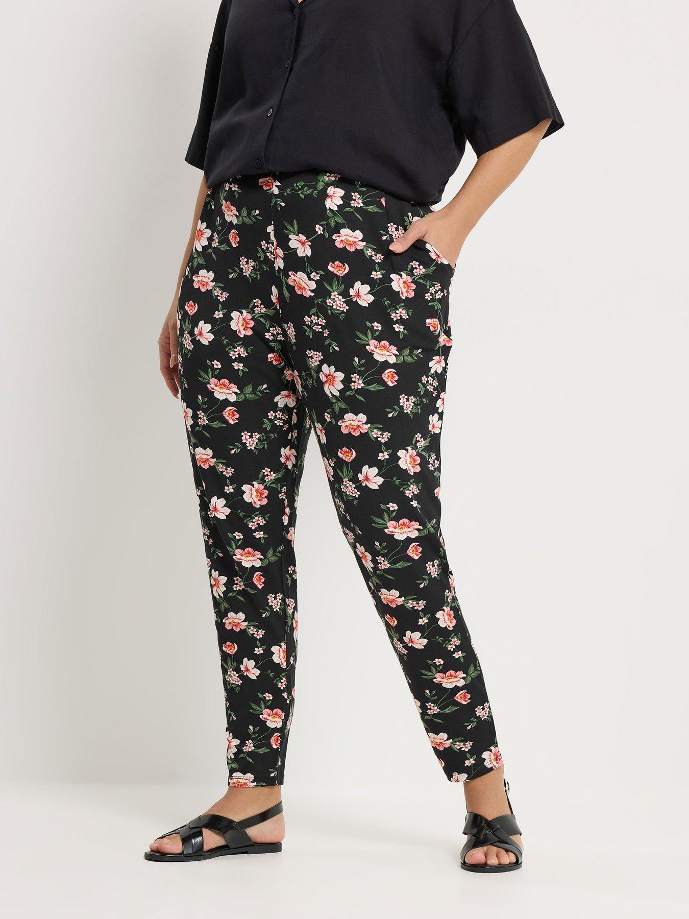 Yours Curve Double Pleat Floral Harem Trousers - Black