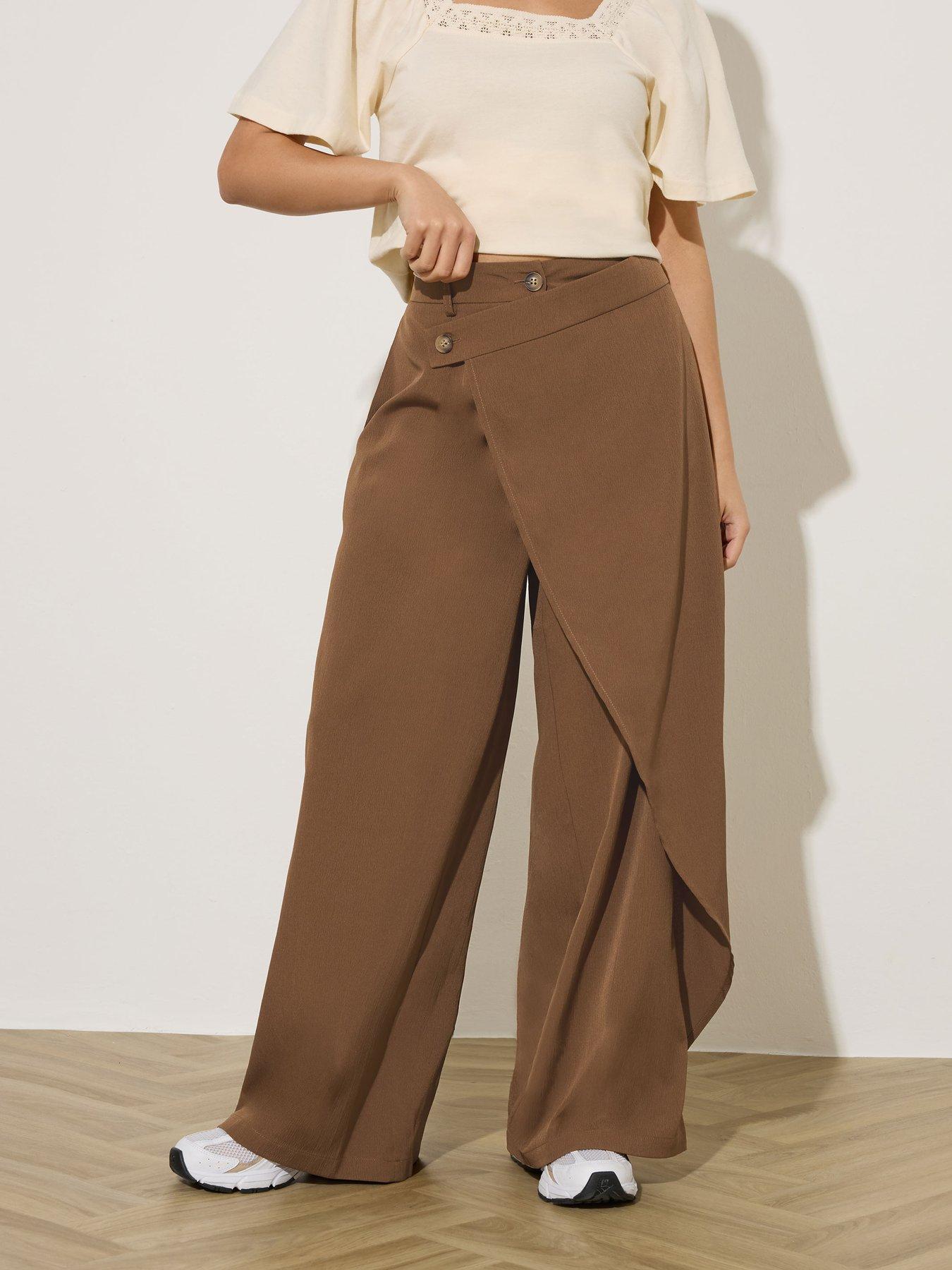  image of pixiegirl-petite-wrap-wide-leg-trousers-brown