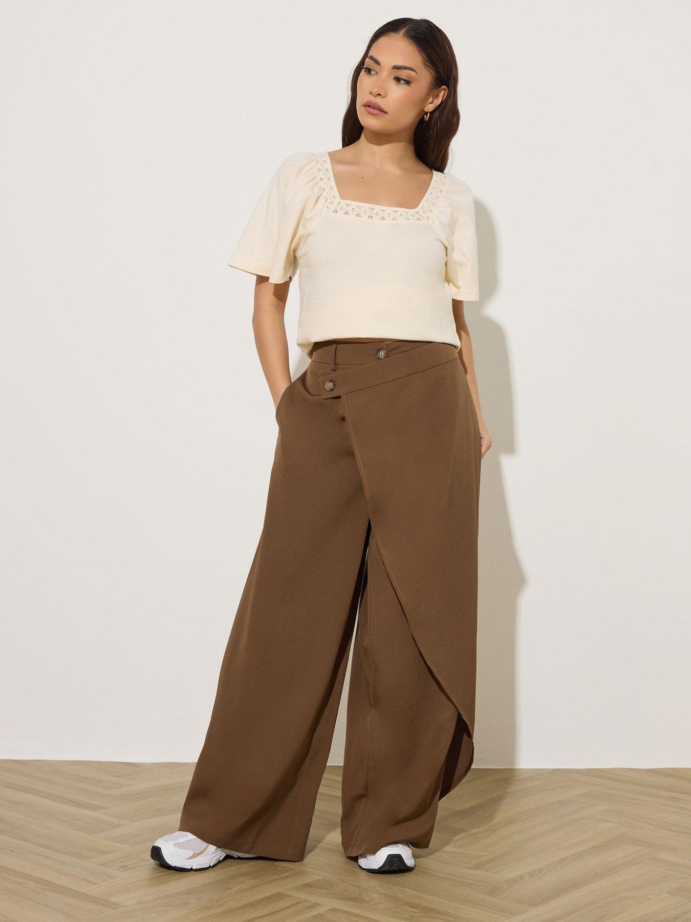  image of pixiegirl-petite-wrap-wide-leg-trousers-brown