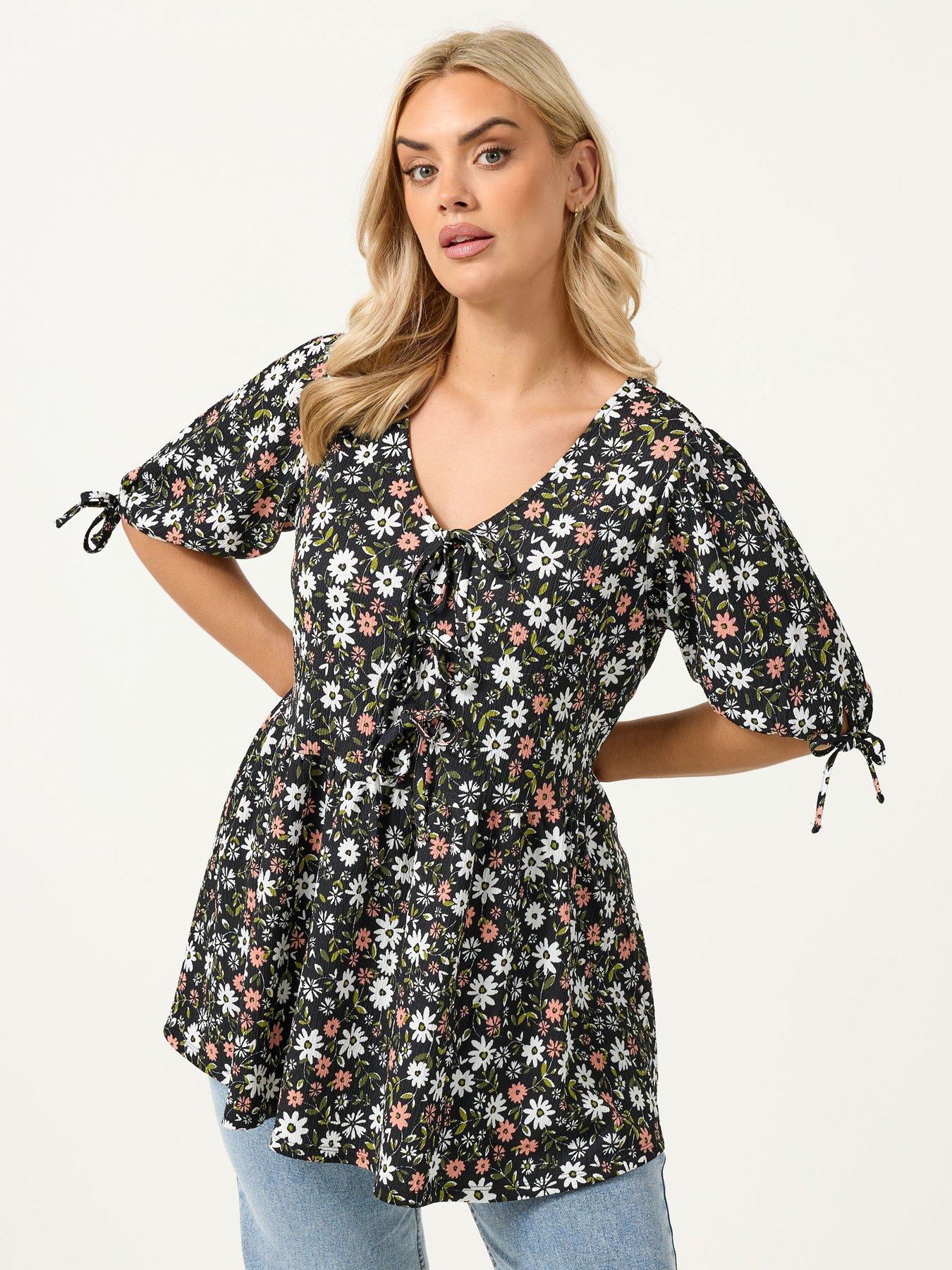 Yours Curve Bow Front Ditsy Peplum T-shirt