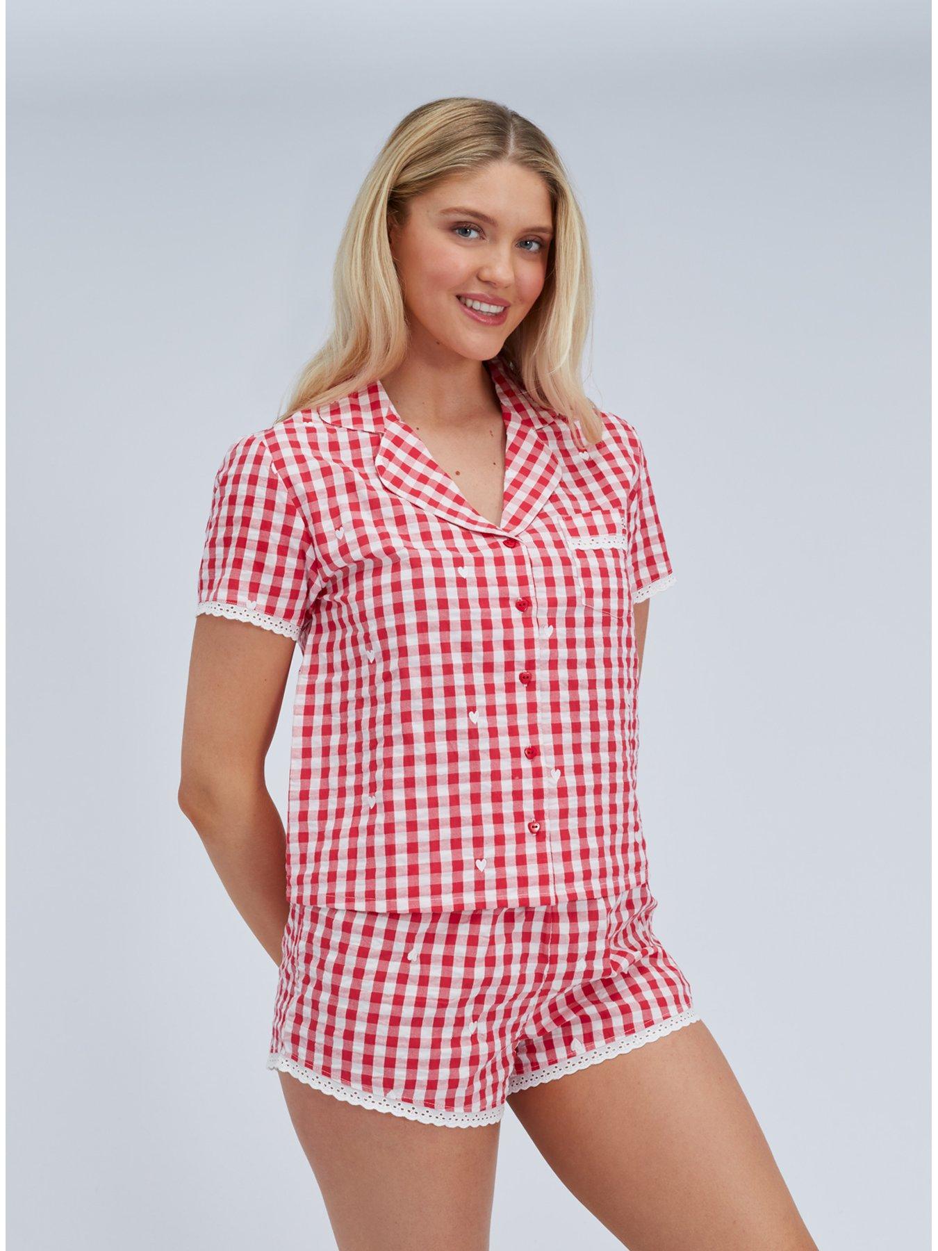  image of boux-avenue-gingham-cotton-short-pj-set-red