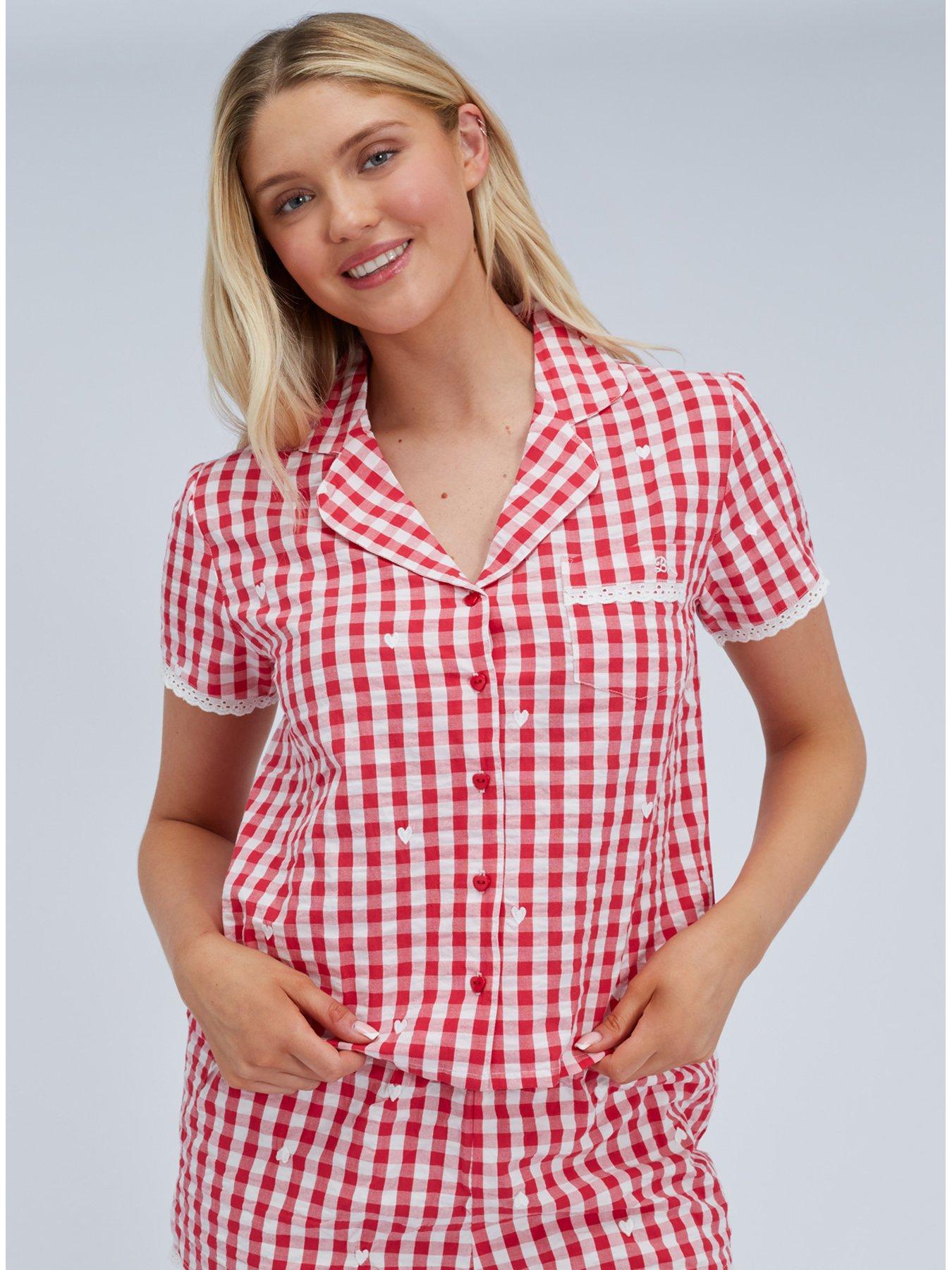  image of boux-avenue-gingham-cotton-short-pj-set-red