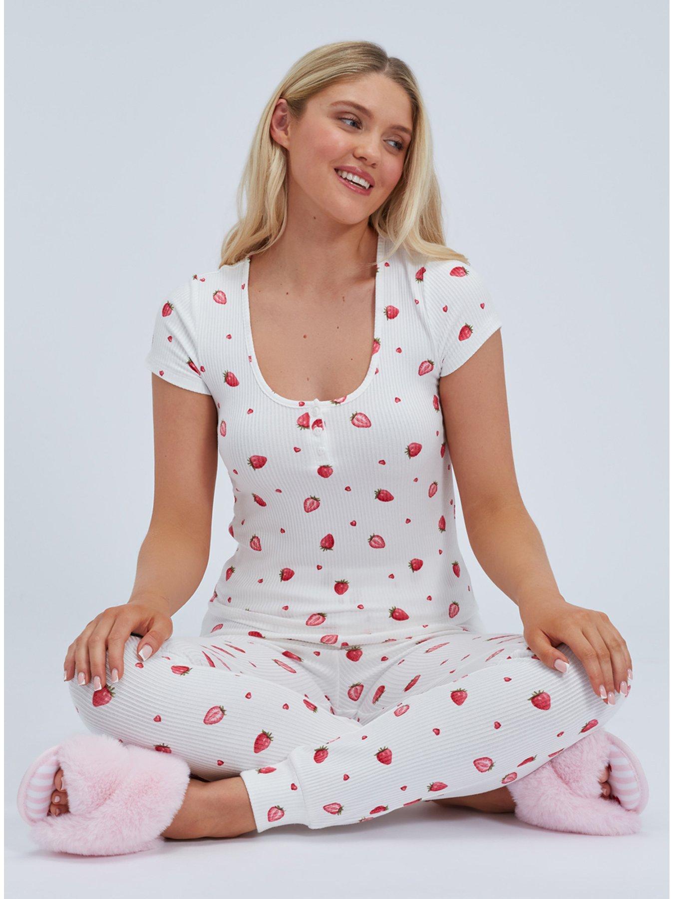 Image 6 of 7 of Boux Avenue Strawberry Rib Pyjama Set - Ivory Mix