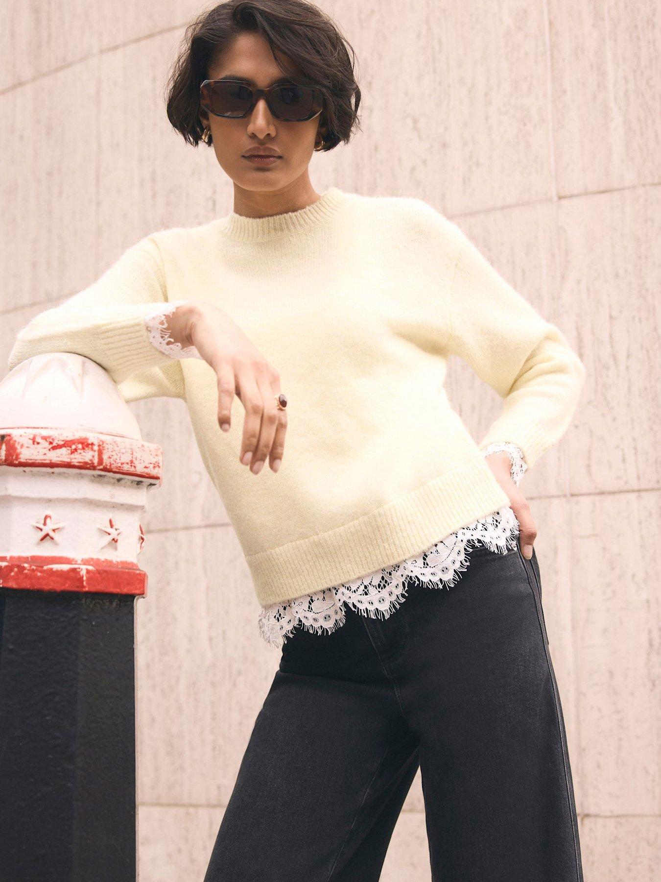 Mint Velvet Yellow Lace Hem Jumper