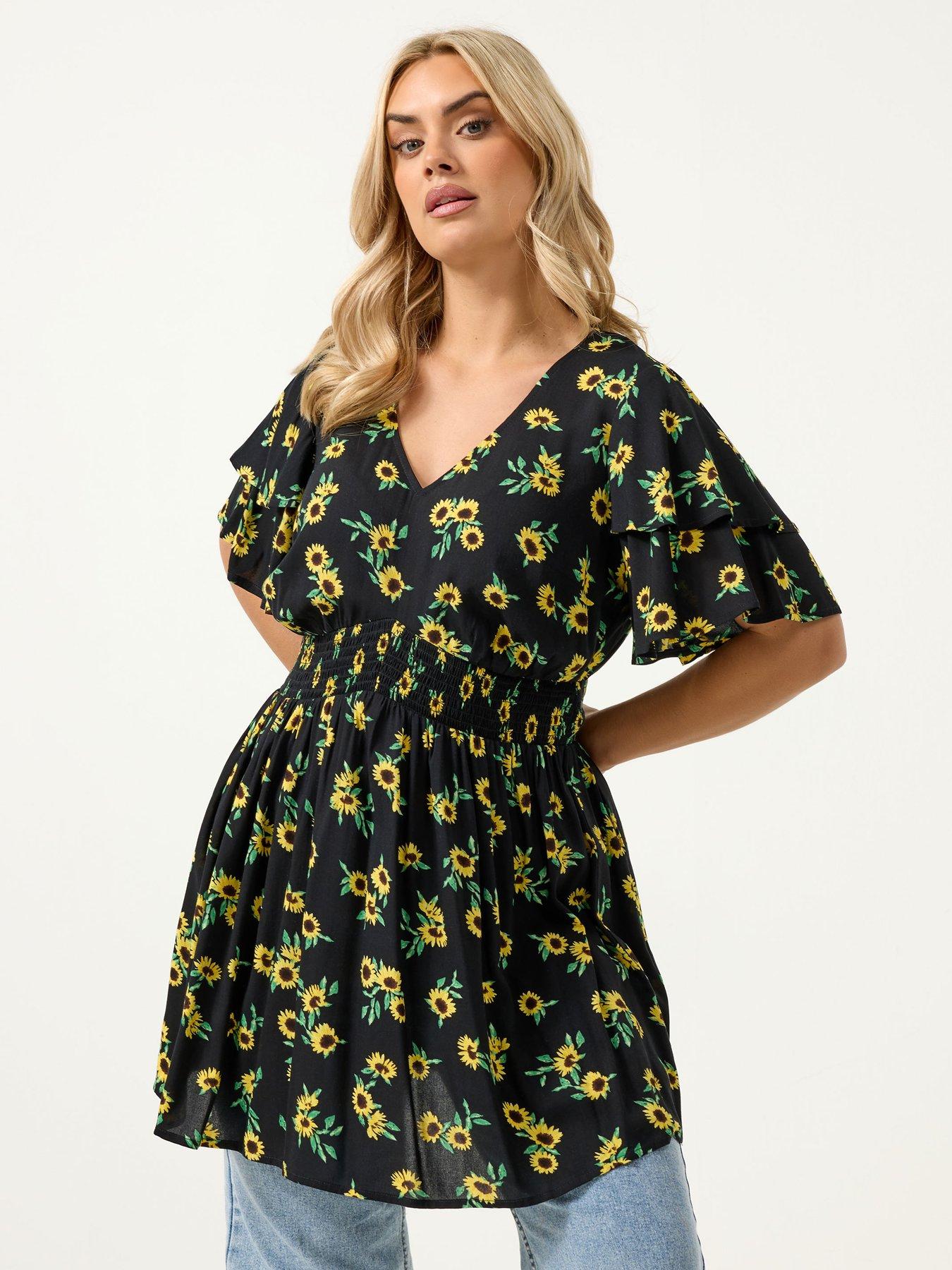 Yours Curve Sunflower Print Flutter Sleeve Top