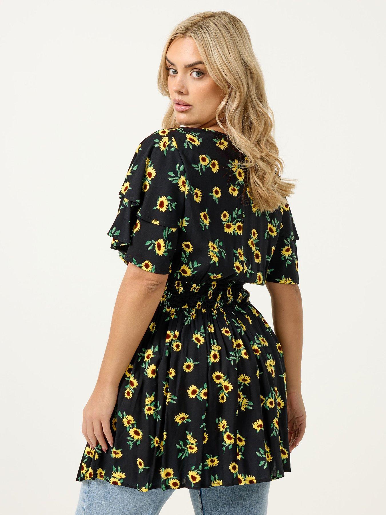  image of yours-curve-sunflower-print-flutter-sleeve-top
