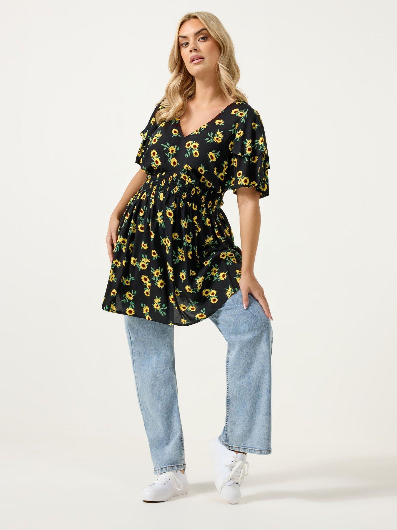  image of yours-curve-sunflower-print-flutter-sleeve-top