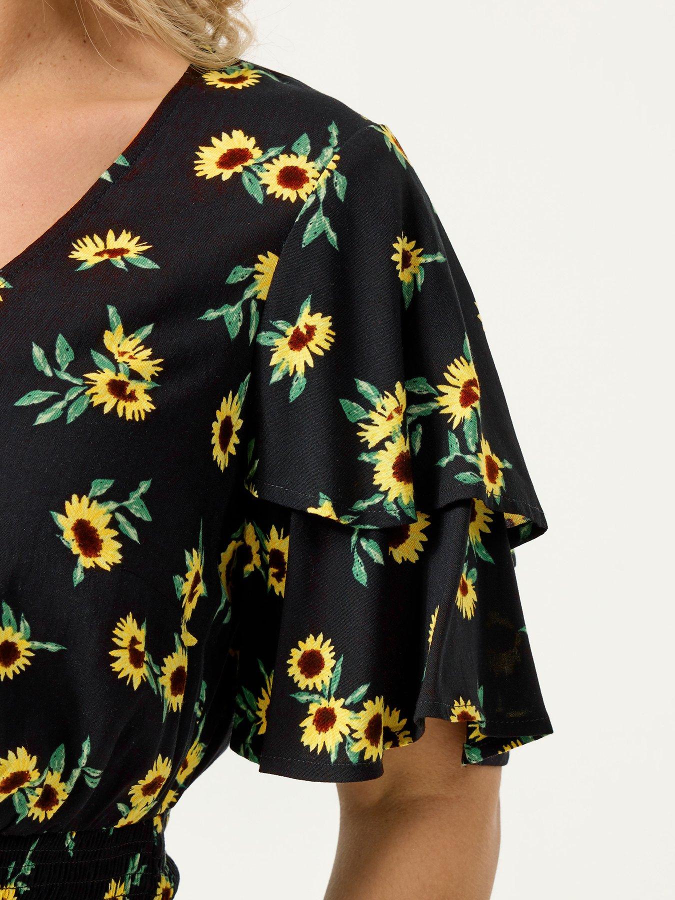  image of yours-curve-sunflower-print-flutter-sleeve-top