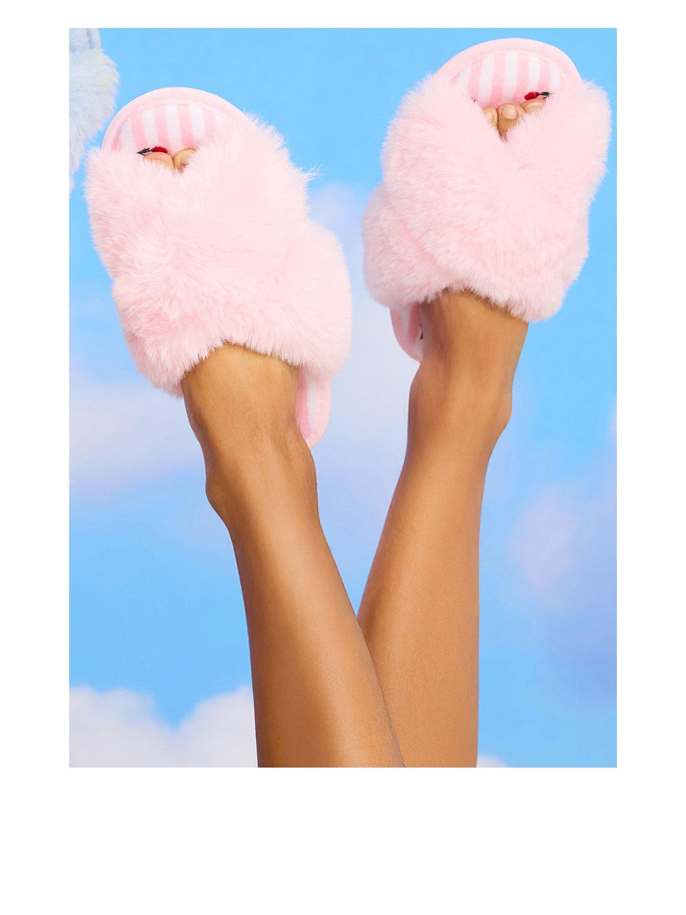 Boux Avenue Cherry Embroidered Stripe Cross Band Slippers - Candy Pink