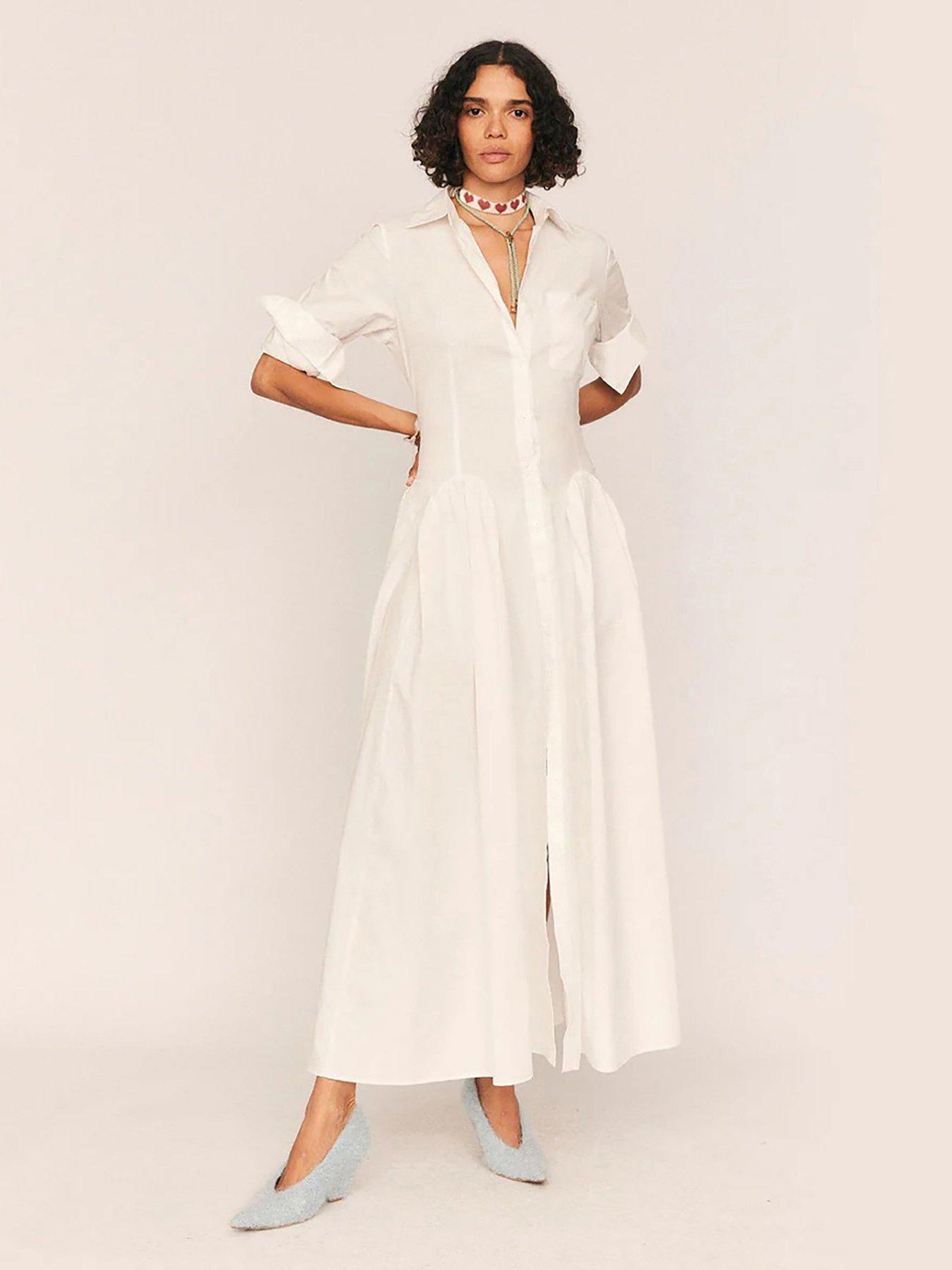 Summery Godet Maxi Shirt Dress - White