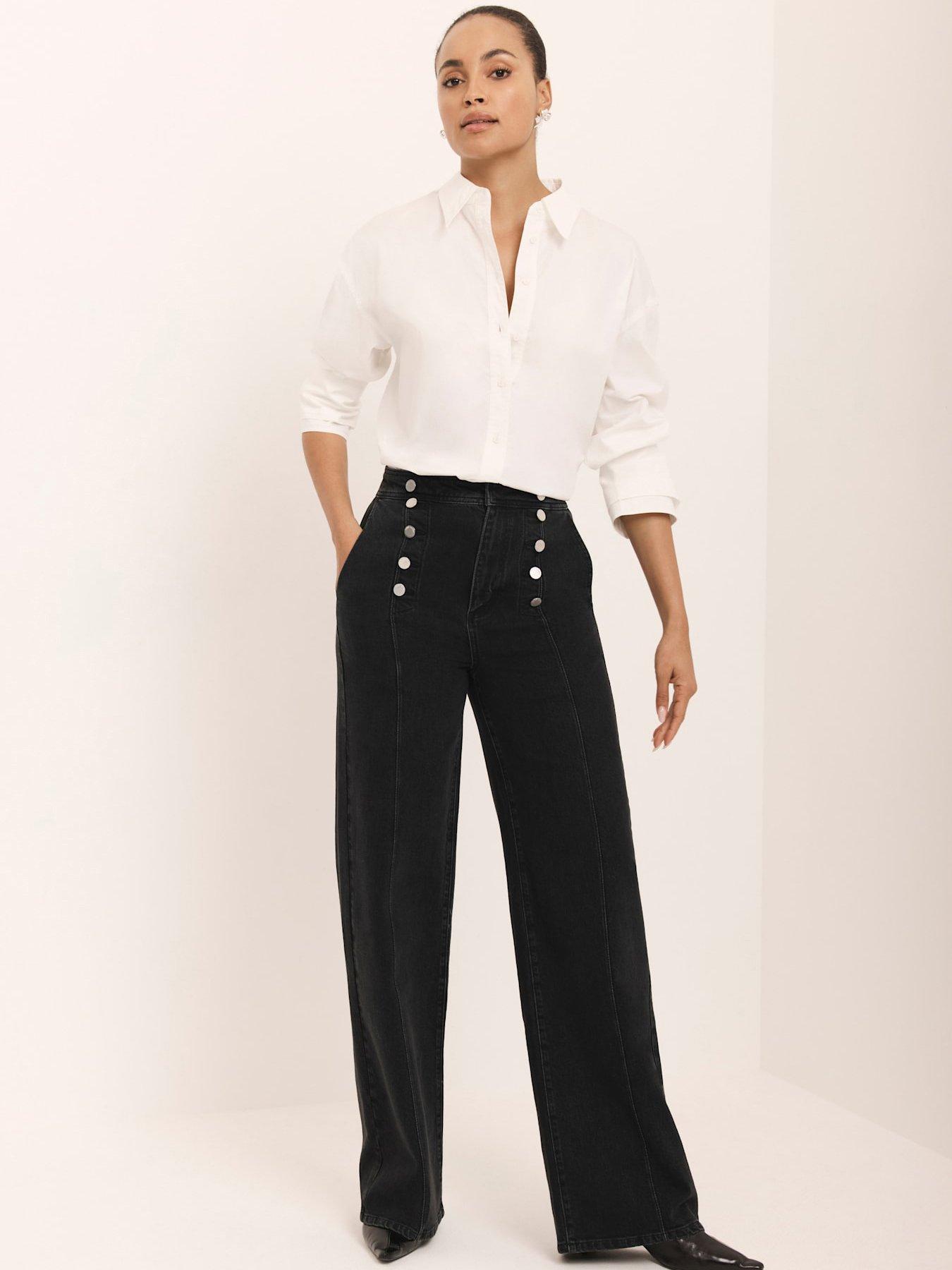 Image 1 of 7 of Mint Velvet Button Front Wide Jeans - Black