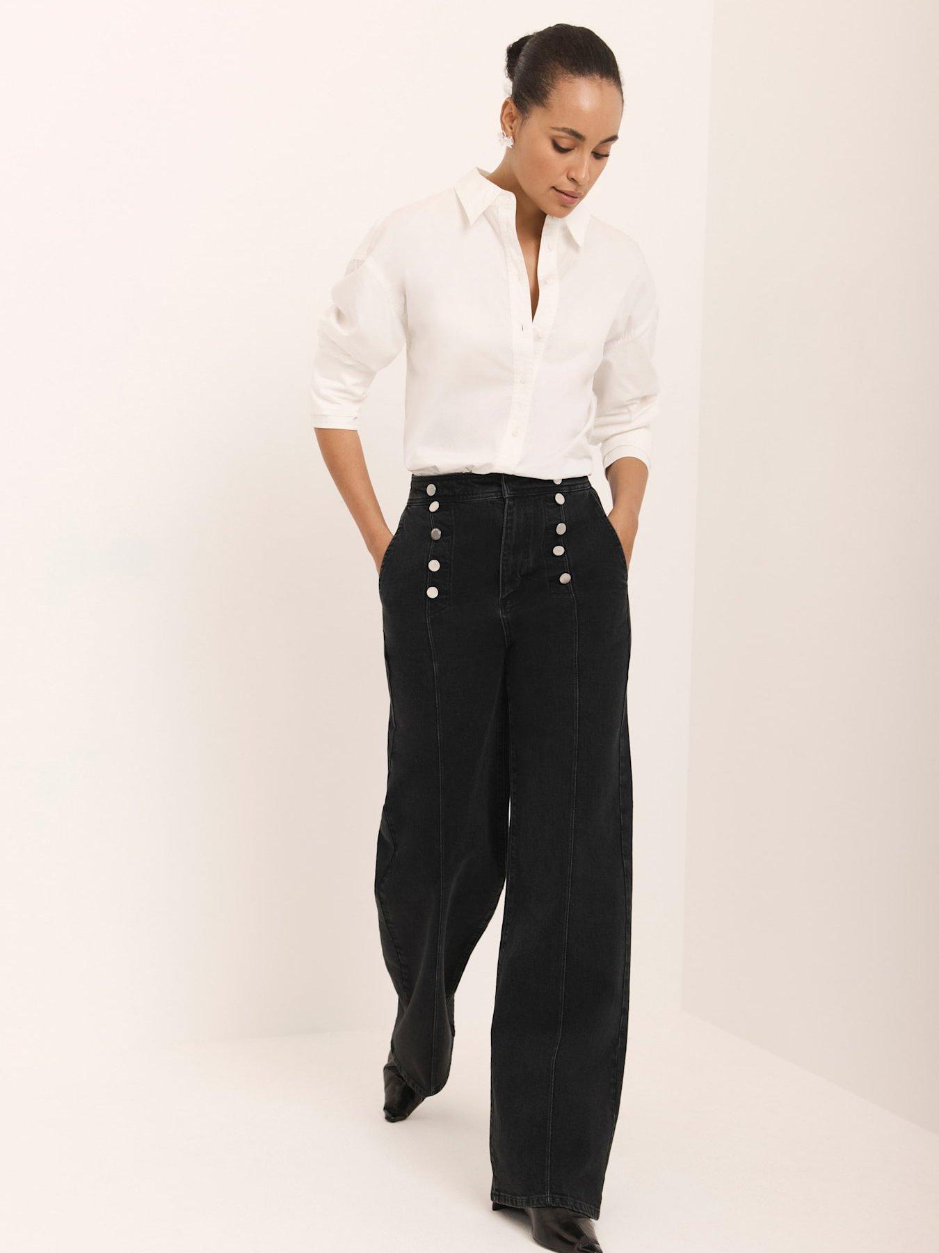 Image 3 of 7 of Mint Velvet Button Front Wide Jeans - Black