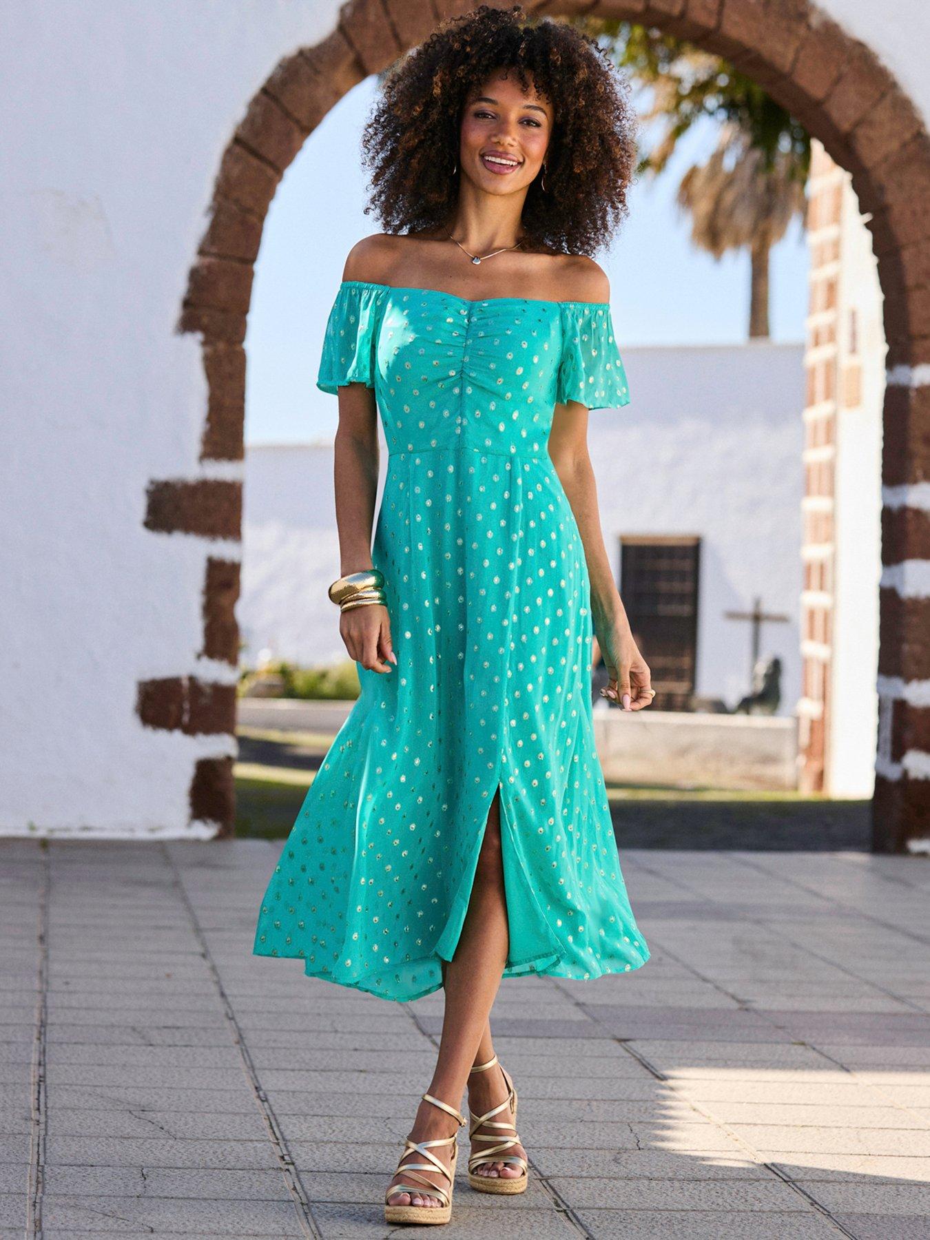 Sosandar Polka Dot Twist Front Fit And Flare Dress - Green