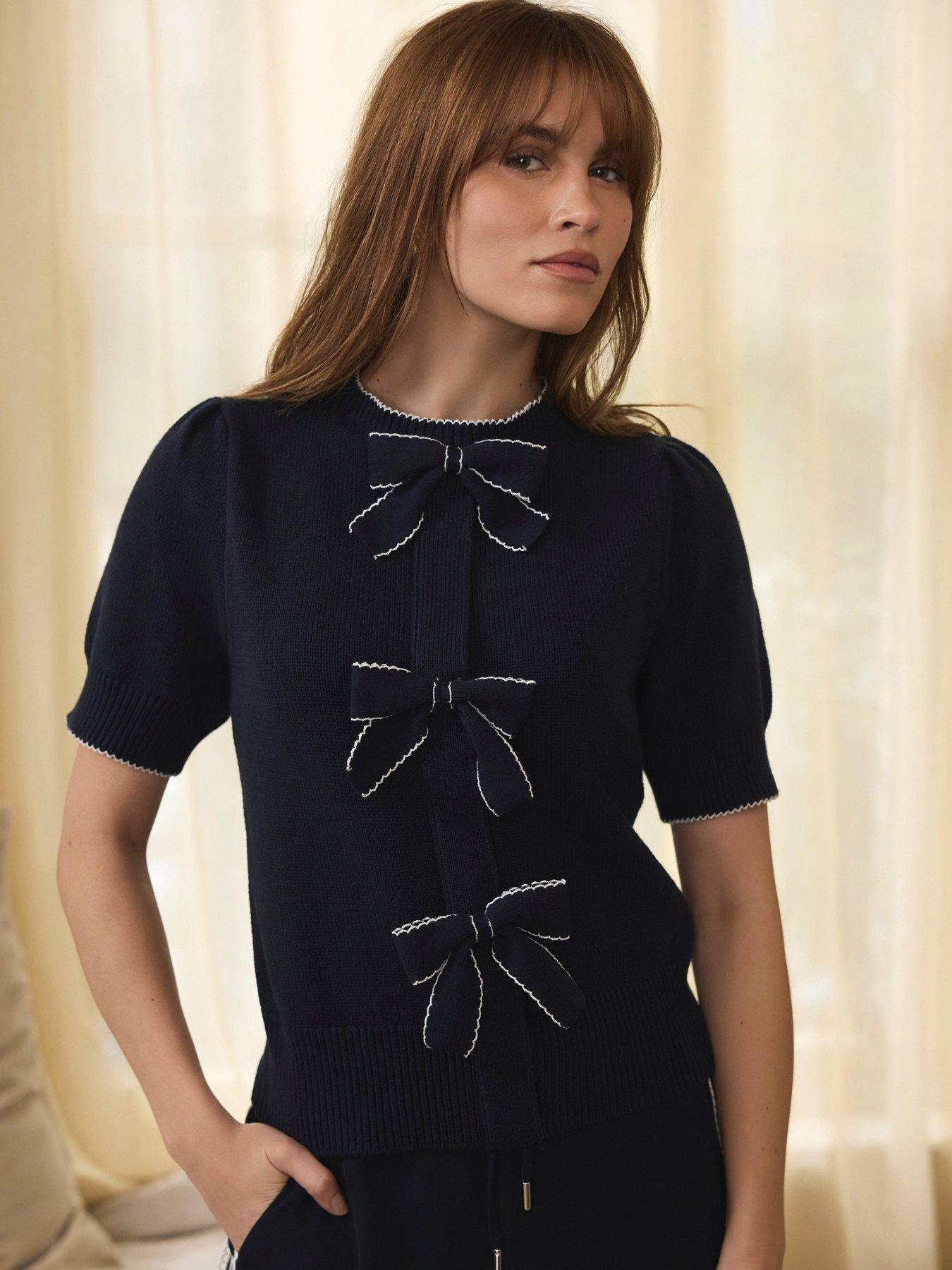 Mint Velvet Navy Bow Front Knit Top - Blue
