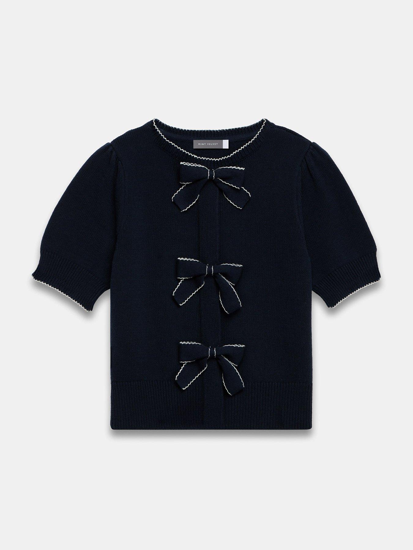  image of mint-velvet-navy-bow-front-knit-top-blue