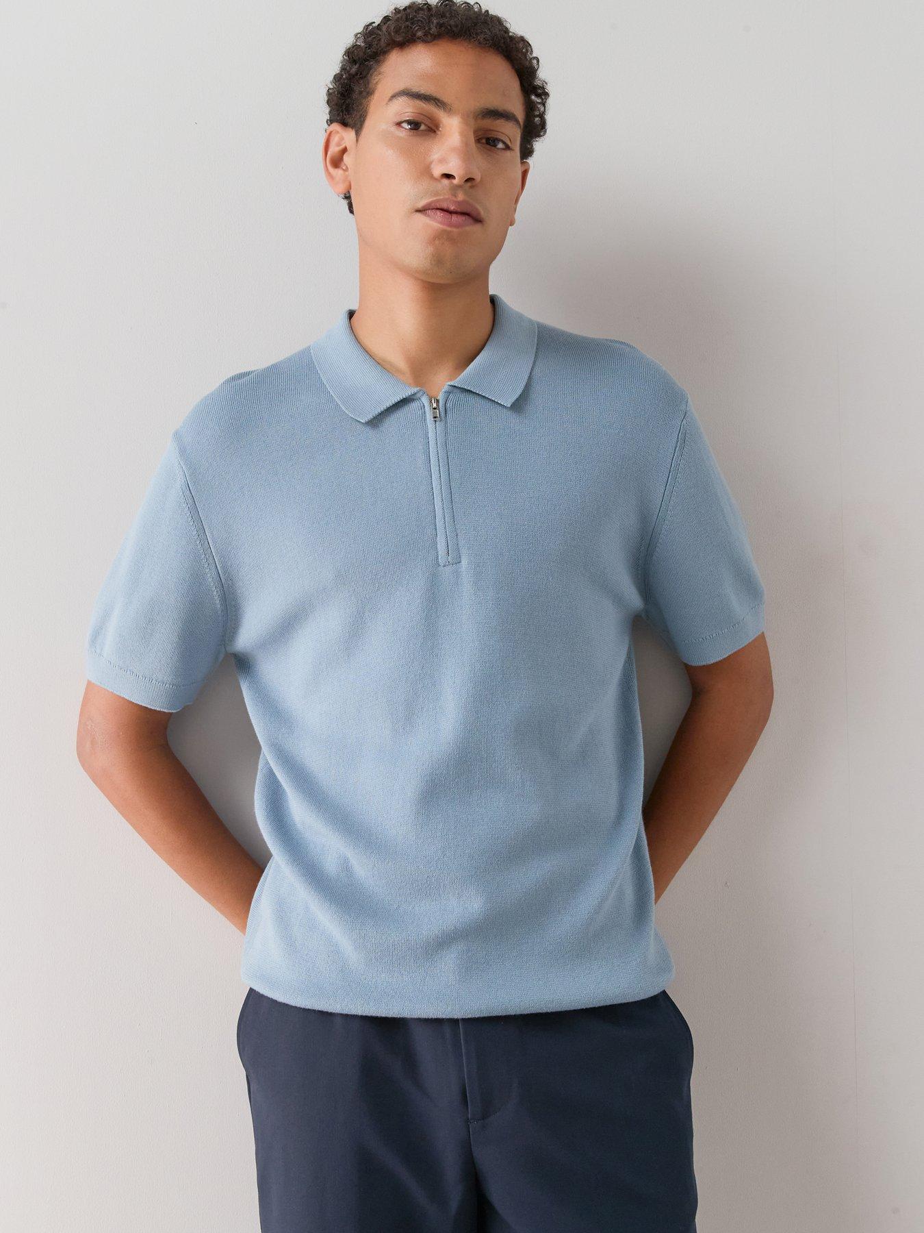 The Very Collection Cotton Rich Short Sleeve Zip Neck Polo - Denim - Blue