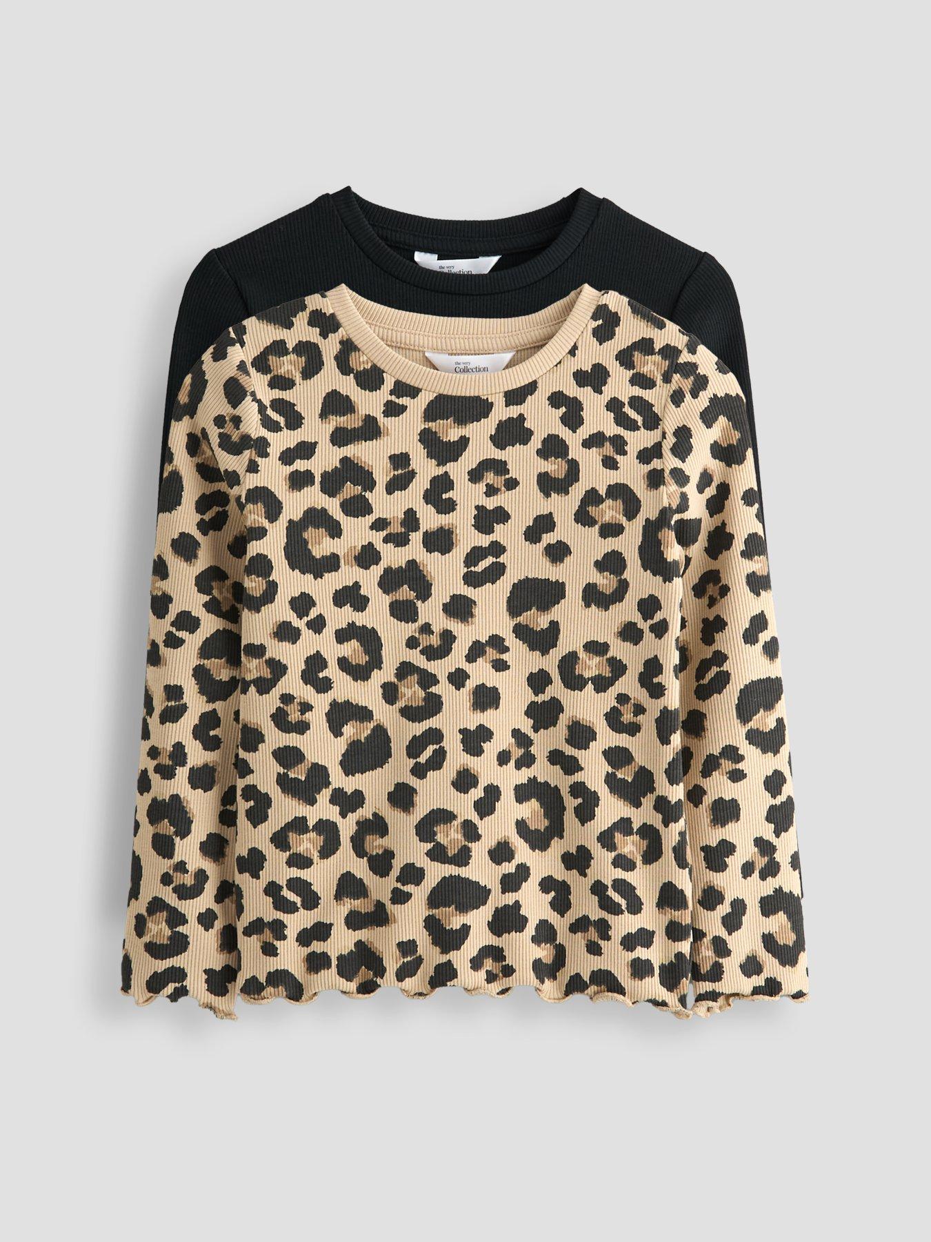 The Very Collection Girls 2 Pack Ribbed Long Sleeve Tops - Black/Animal