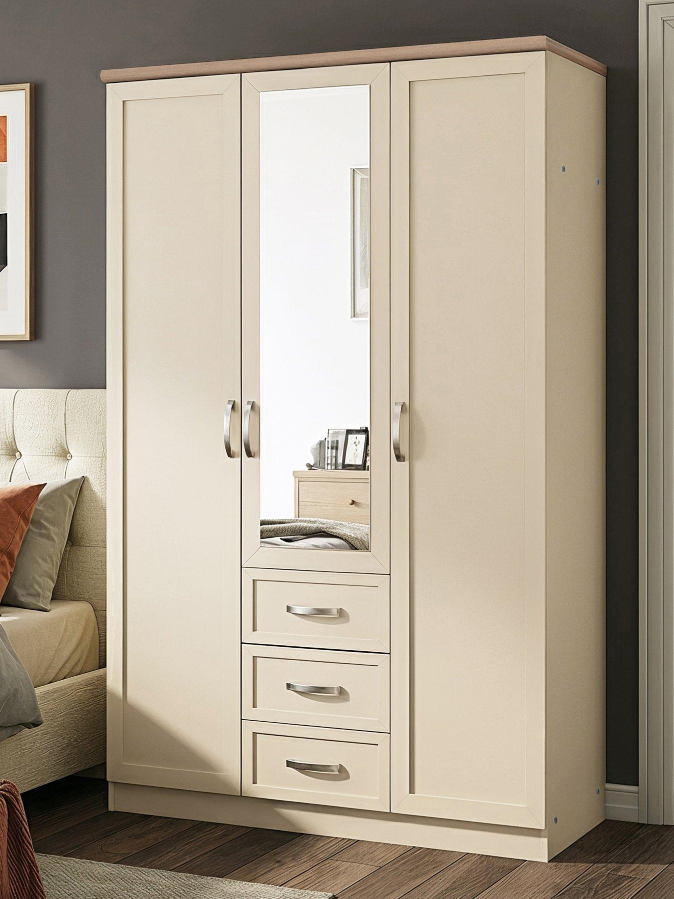 The Very Collection Camberley 3 Door 3 Drawer Mirrored Wardrobe - Oatmeal/Oak