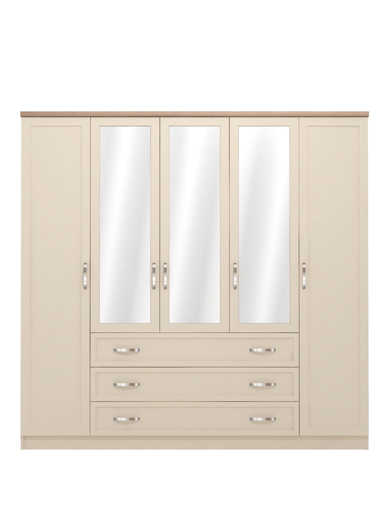 Image 2 of 7 of The Very Collection Camberley 5 Door 3 Drawer Mirrored Wardrobe - Oatmeal/Oak