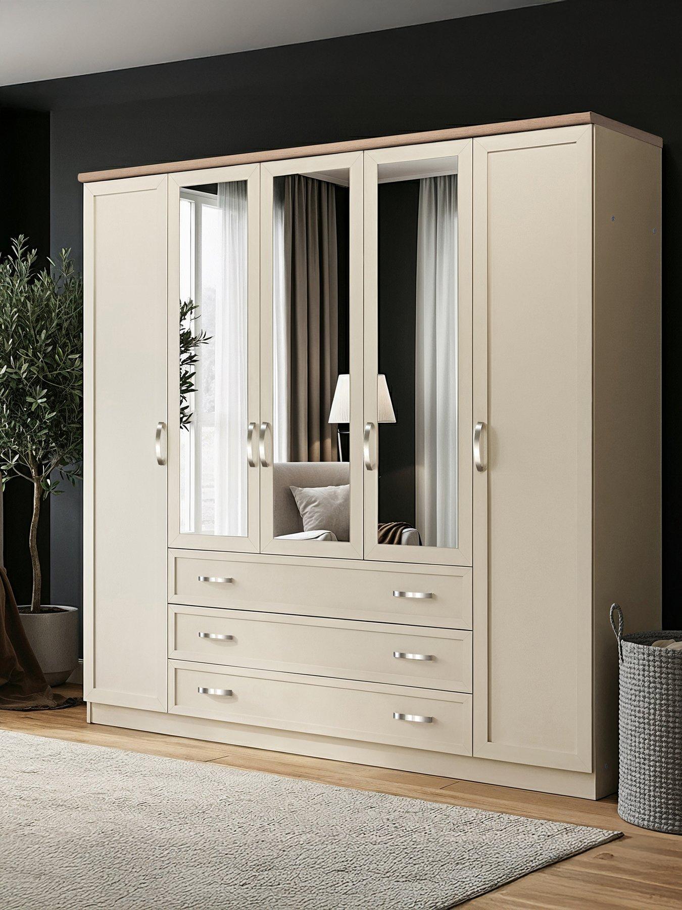 Image 4 of 7 of The Very Collection Camberley 5 Door 3 Drawer Mirrored Wardrobe - Oatmeal/Oak