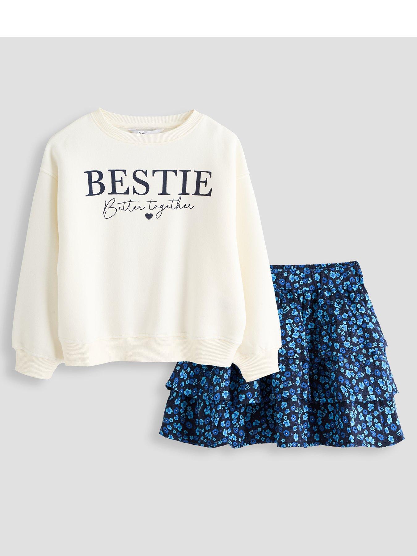 Image 1 of 6 of The Very Collection Girls Sweat And Tiered Skirt Set (5 - 16 years) - Cream/Blue