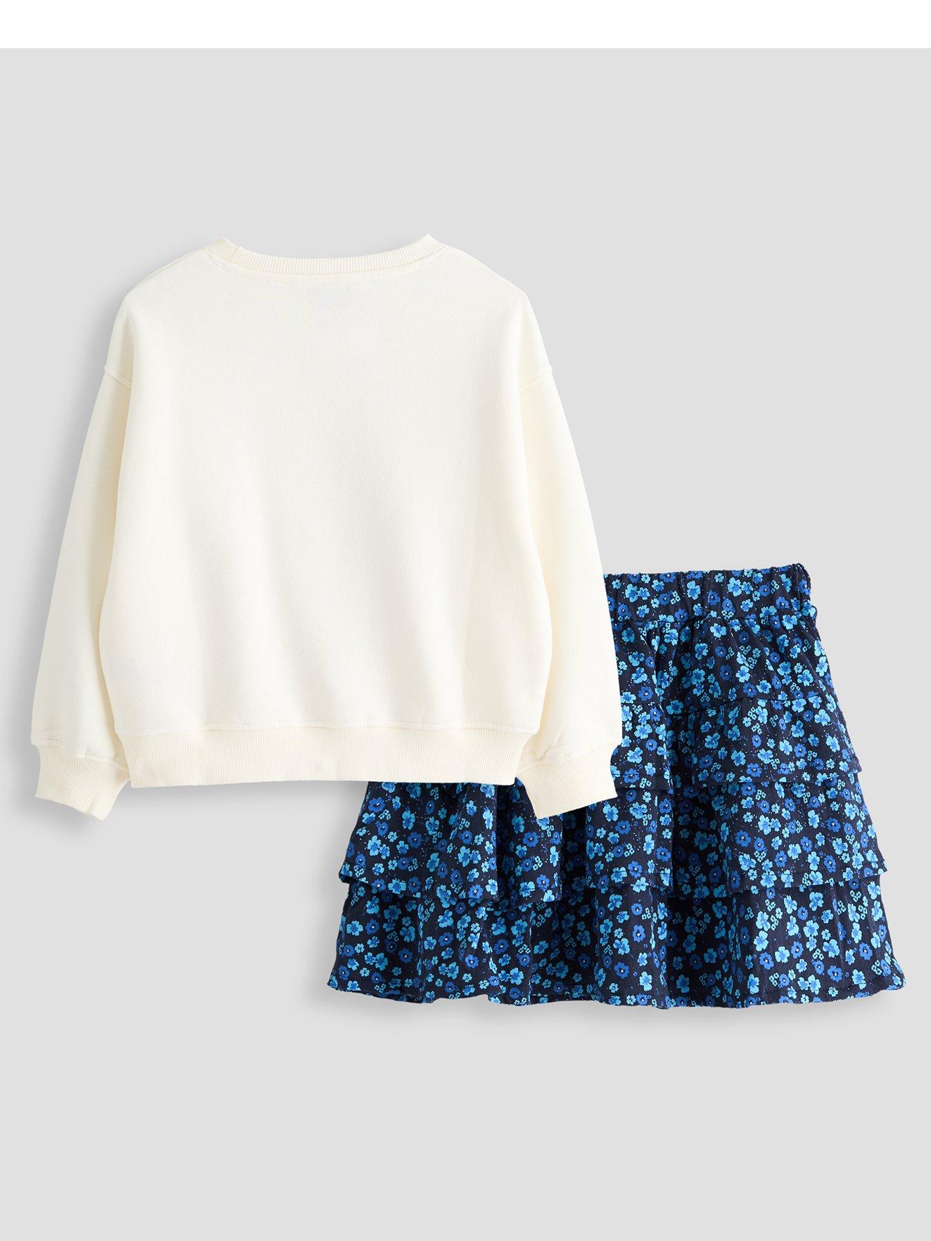 Image 2 of 6 of The Very Collection Girls Sweat And Tiered Skirt Set (5 - 16 years) - Cream/Blue