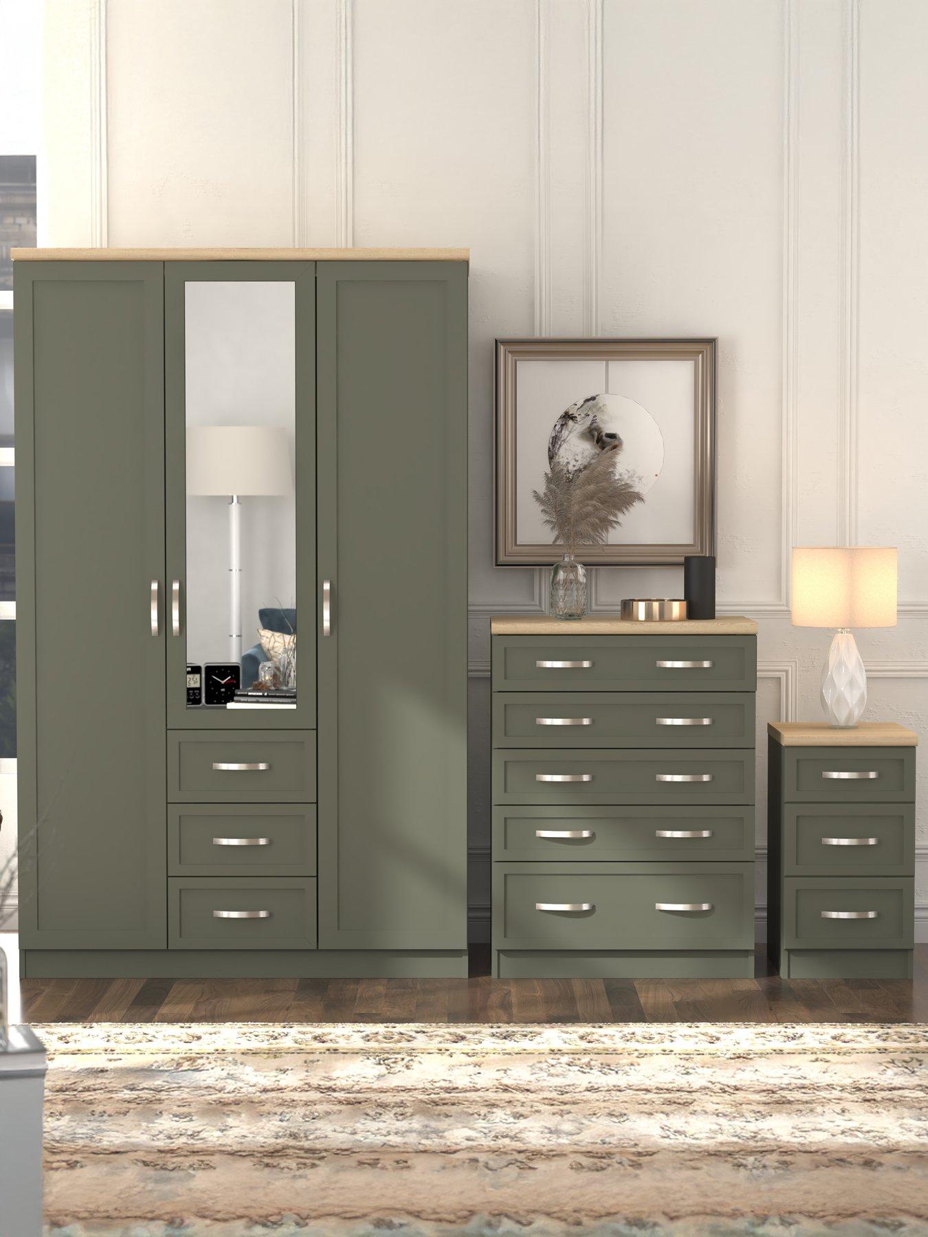 The Very Collection Camberley 3 Piece Package - 3 Door, 3 Drawer Mirrored Wardrobe, 5 Drawer Chest and 3 Drawer Bedside Chest - Green