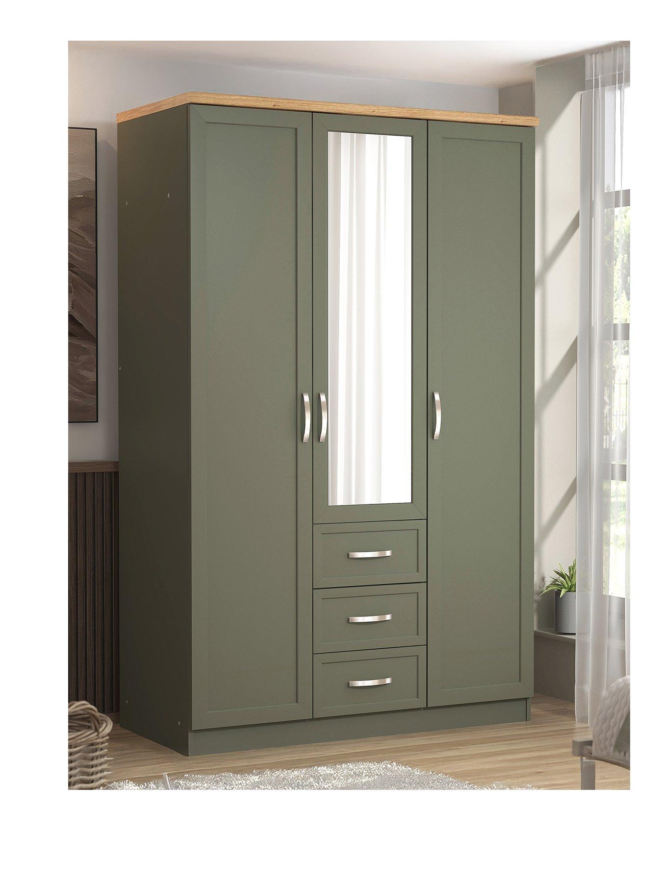 Image 2 of 7 of The Very Collection Camberley 3 Piece Package - 3 Door, 3 Drawer&nbsp;Mirrored&nbsp;Wardrobe, 5 Drawer Chest and 3 Drawer Bedside Chest - Green