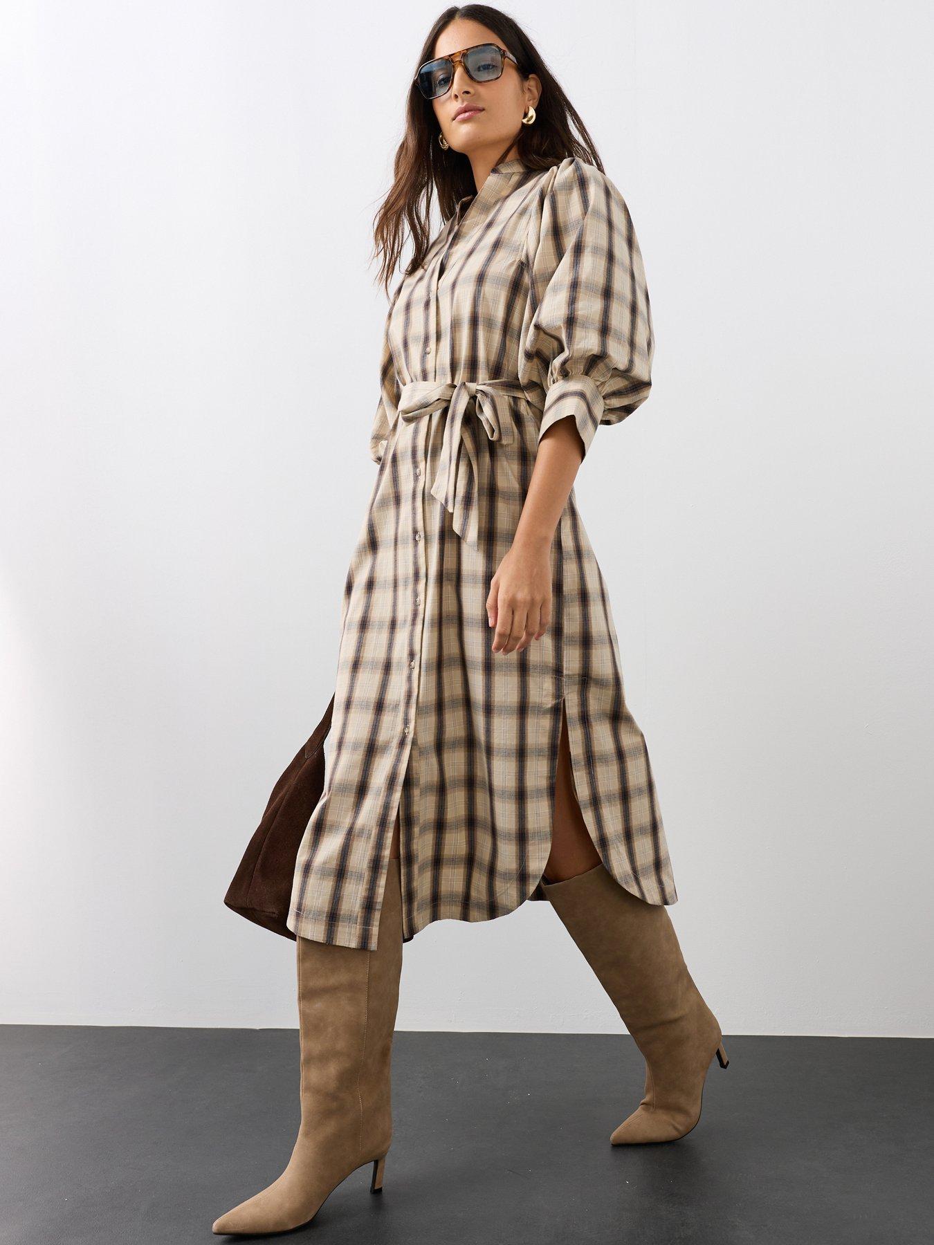 Image 1 of 7 of The Very Collection Puff Sleeve Tie Belt Checked Dress