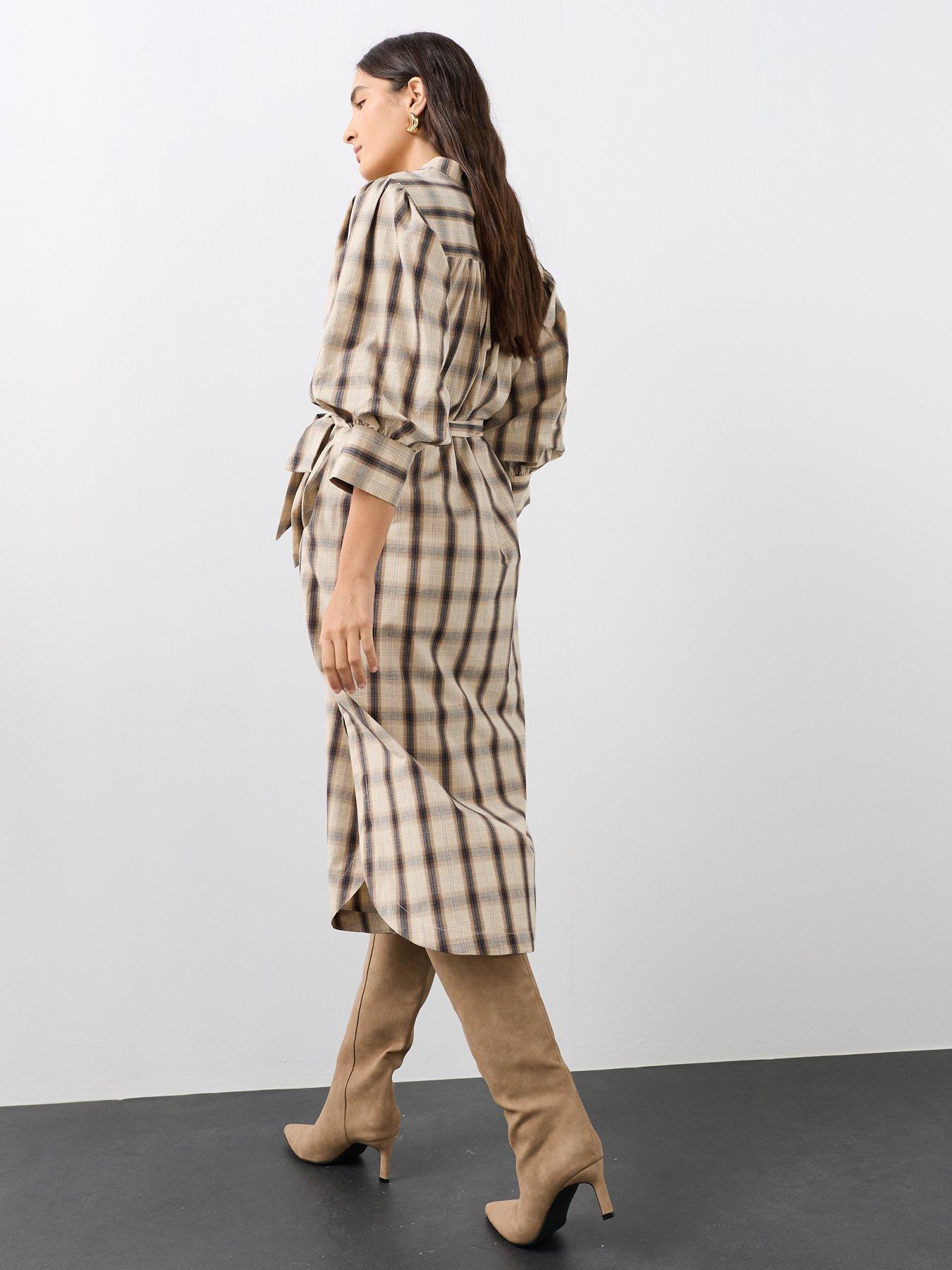 Image 2 of 7 of The Very Collection Puff Sleeve Tie Belt Checked Dress