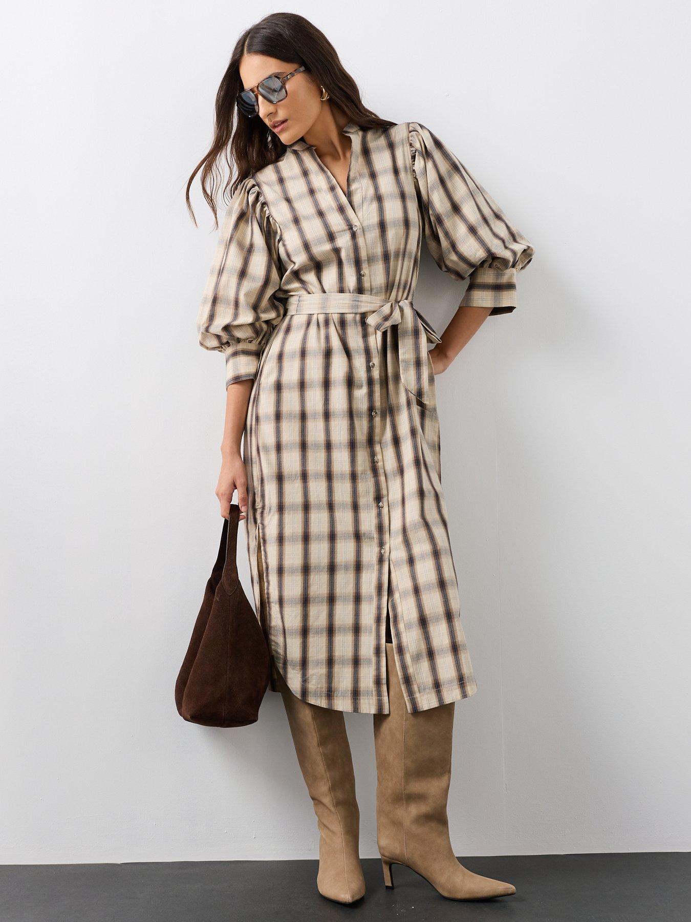 Image 3 of 7 of The Very Collection Puff Sleeve Tie Belt Checked Dress