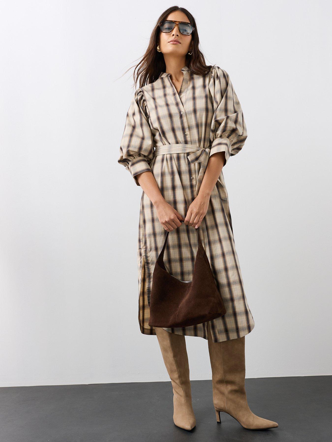 Image 4 of 7 of The Very Collection Puff Sleeve Tie Belt Checked Dress