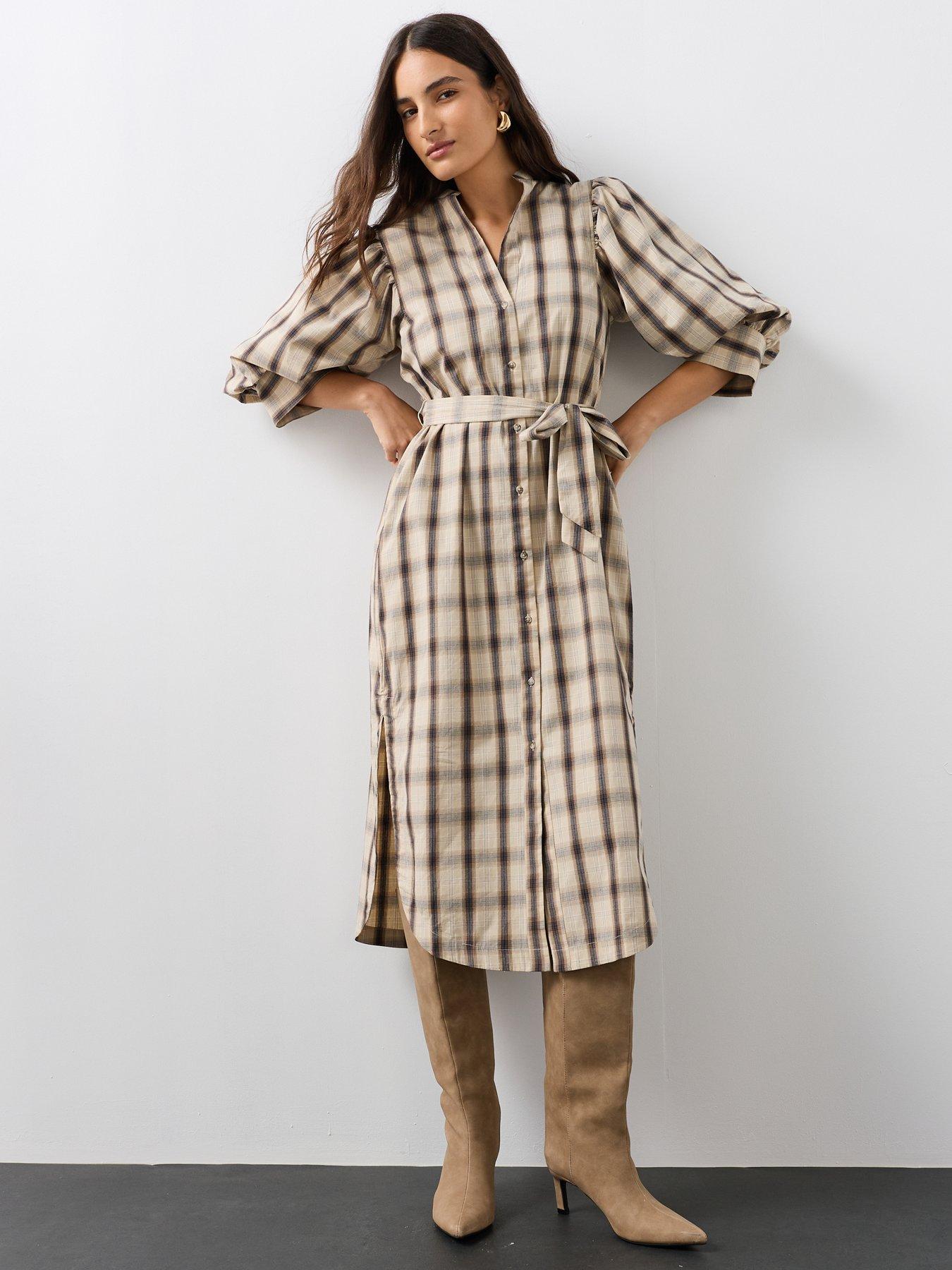 Image 5 of 7 of The Very Collection Puff Sleeve Tie Belt Checked Dress