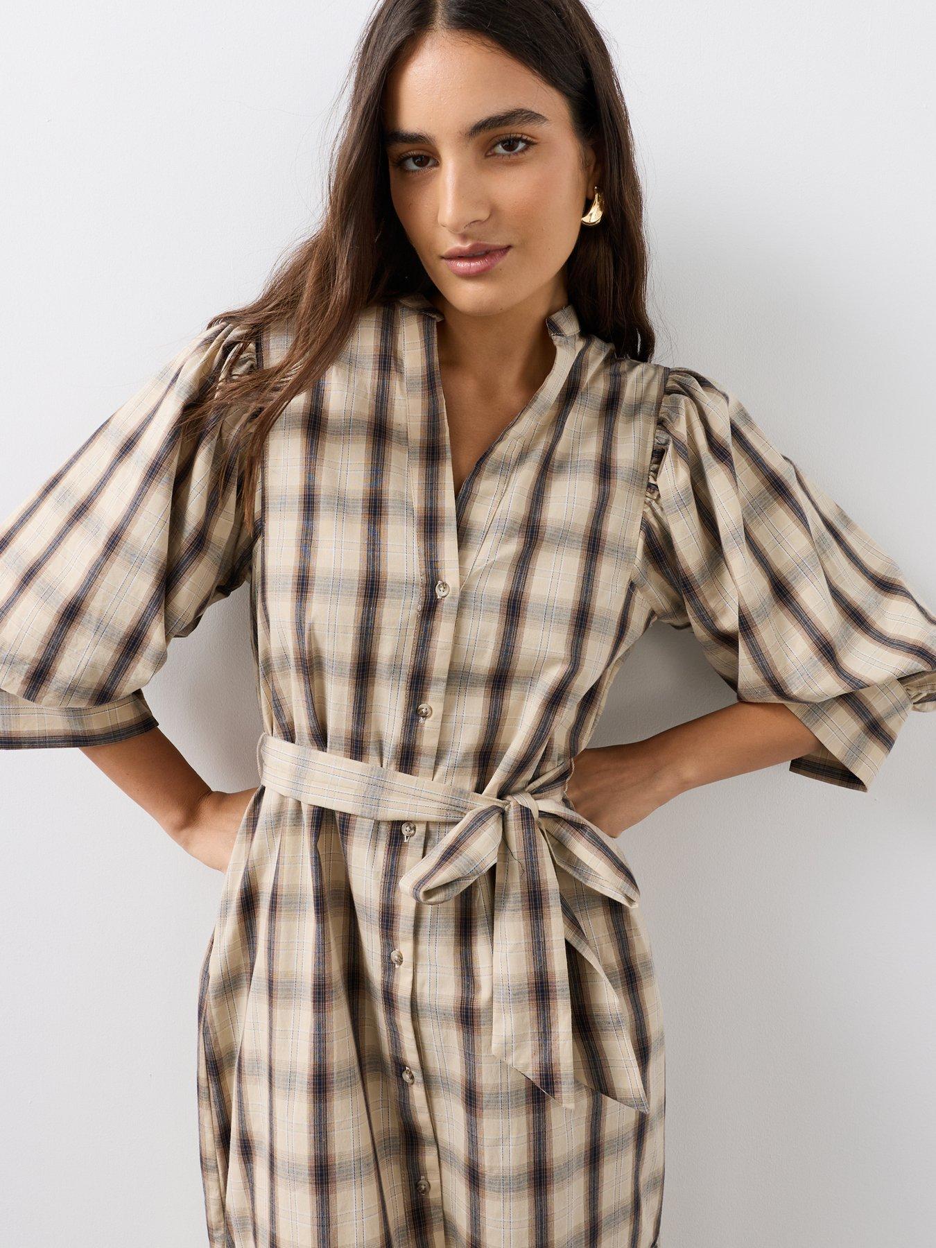 Image 6 of 7 of The Very Collection Puff Sleeve Tie Belt Checked Dress