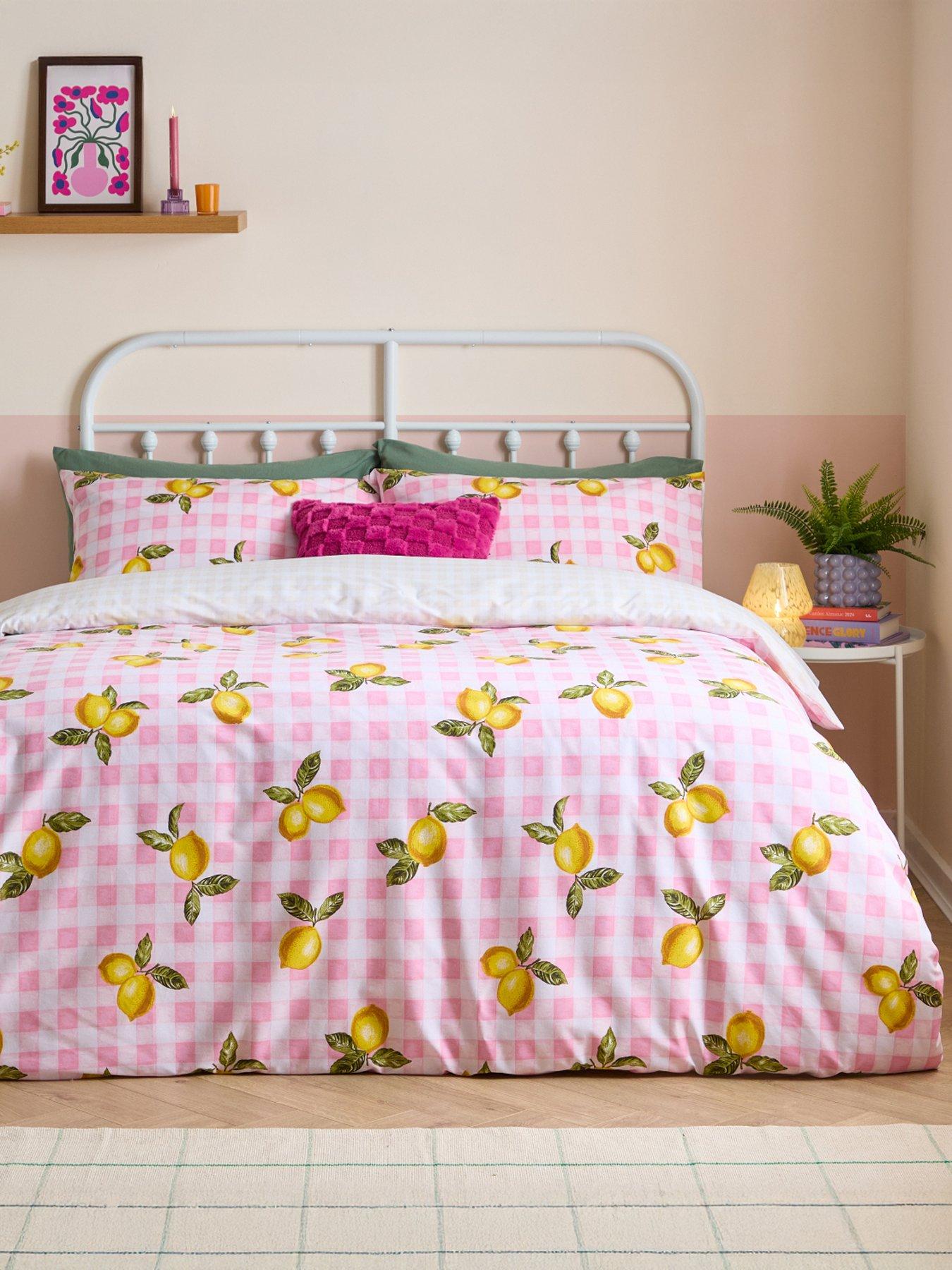 Image 1 of 3 of Heya Home Gingham Lemons Super King Duvet Set Pink