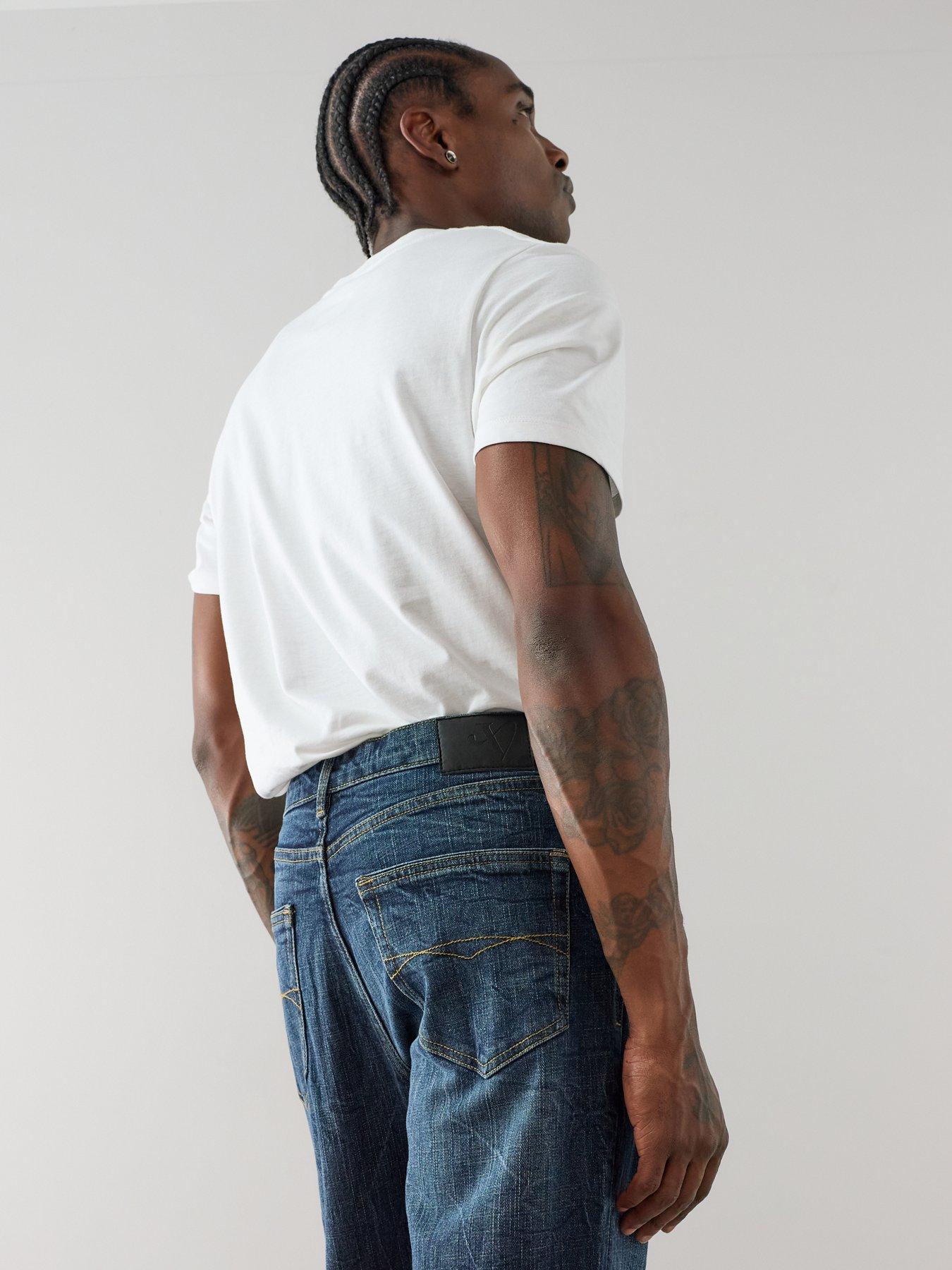 Image 4 of 7 of The Very Collection Cross Hatch Straight Fit Marble Jeans With Stretch - Dark Blue