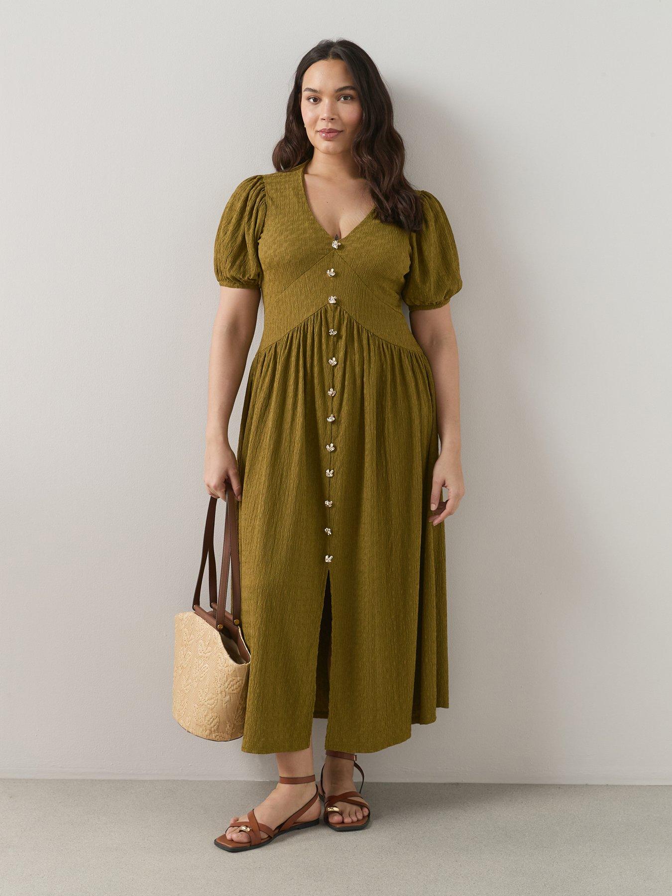 The Very Collection Curve Crinkle Button Detail Midi Dress - Olive