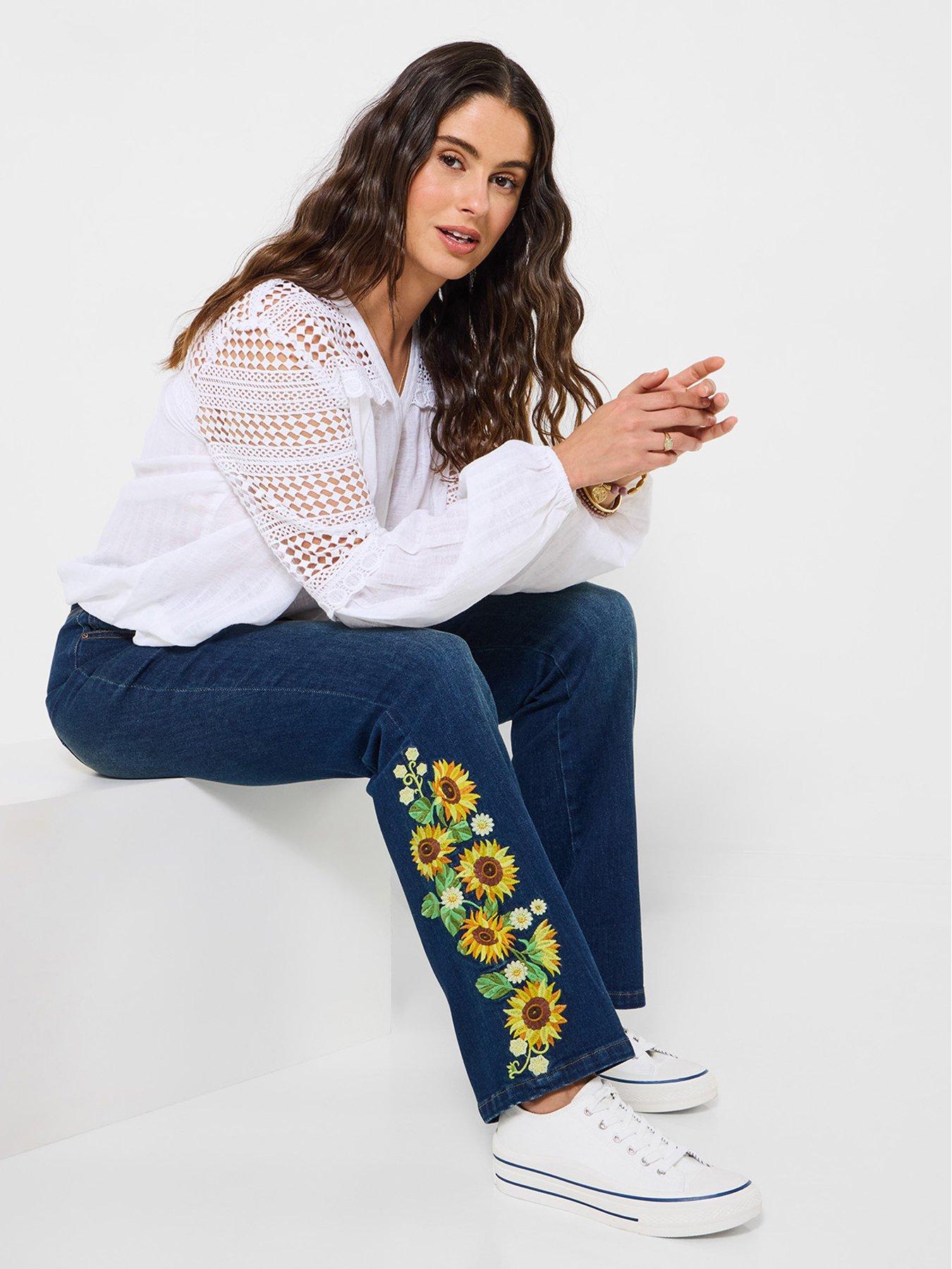 Joe Browns Sophia Sunflower Embroidered Flared Jeans - Blue